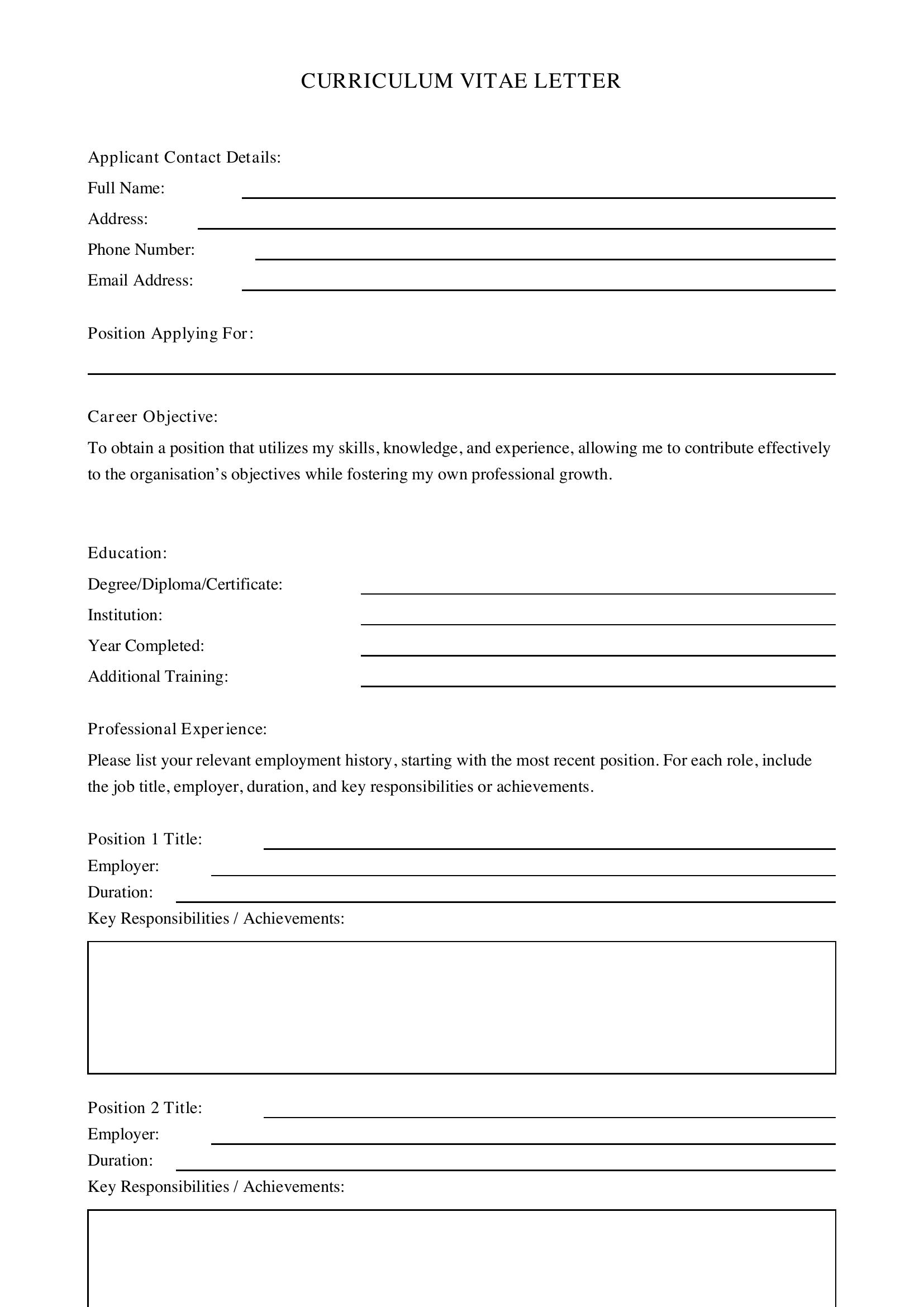 Cv Letter Template - Australia