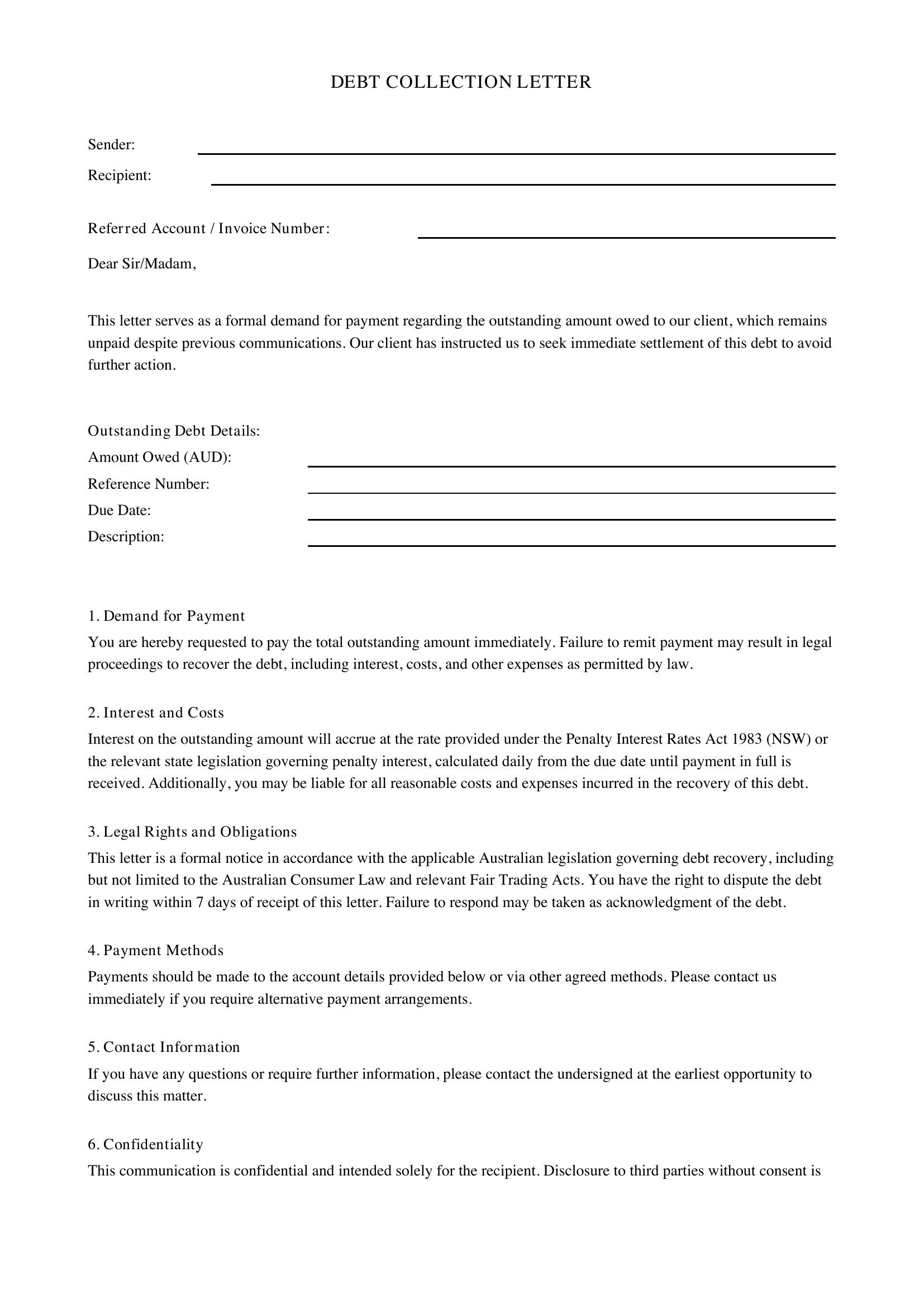 Debt Collection Letter Template - Australia
