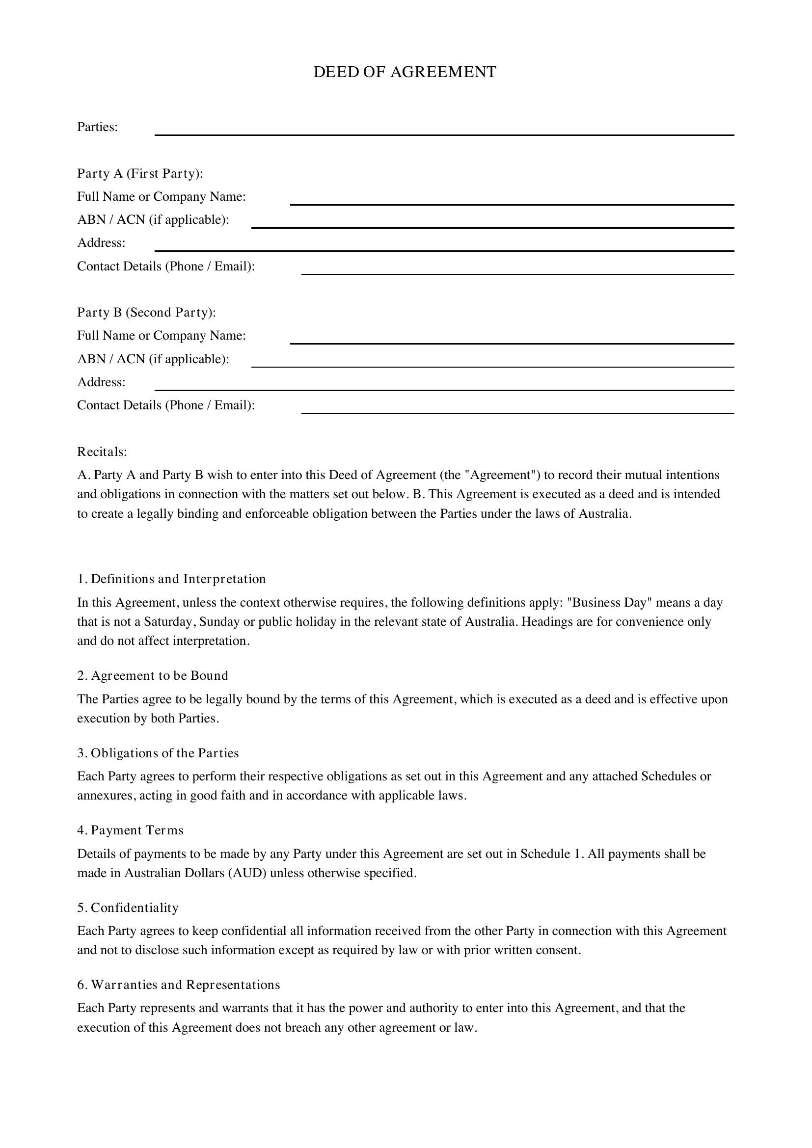 Deed Of Agreement Template - Australia