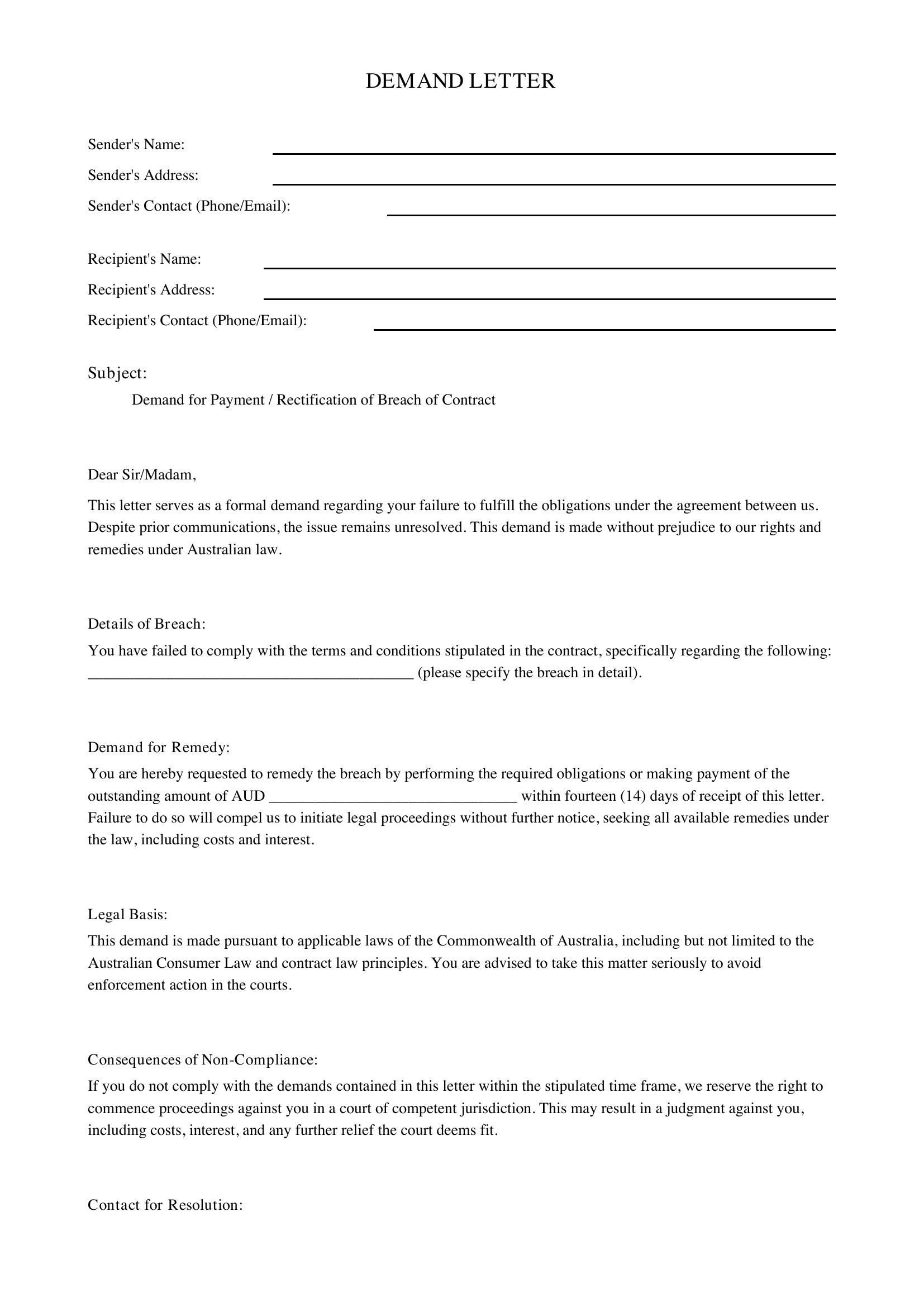 Demand Letter Template - Australia