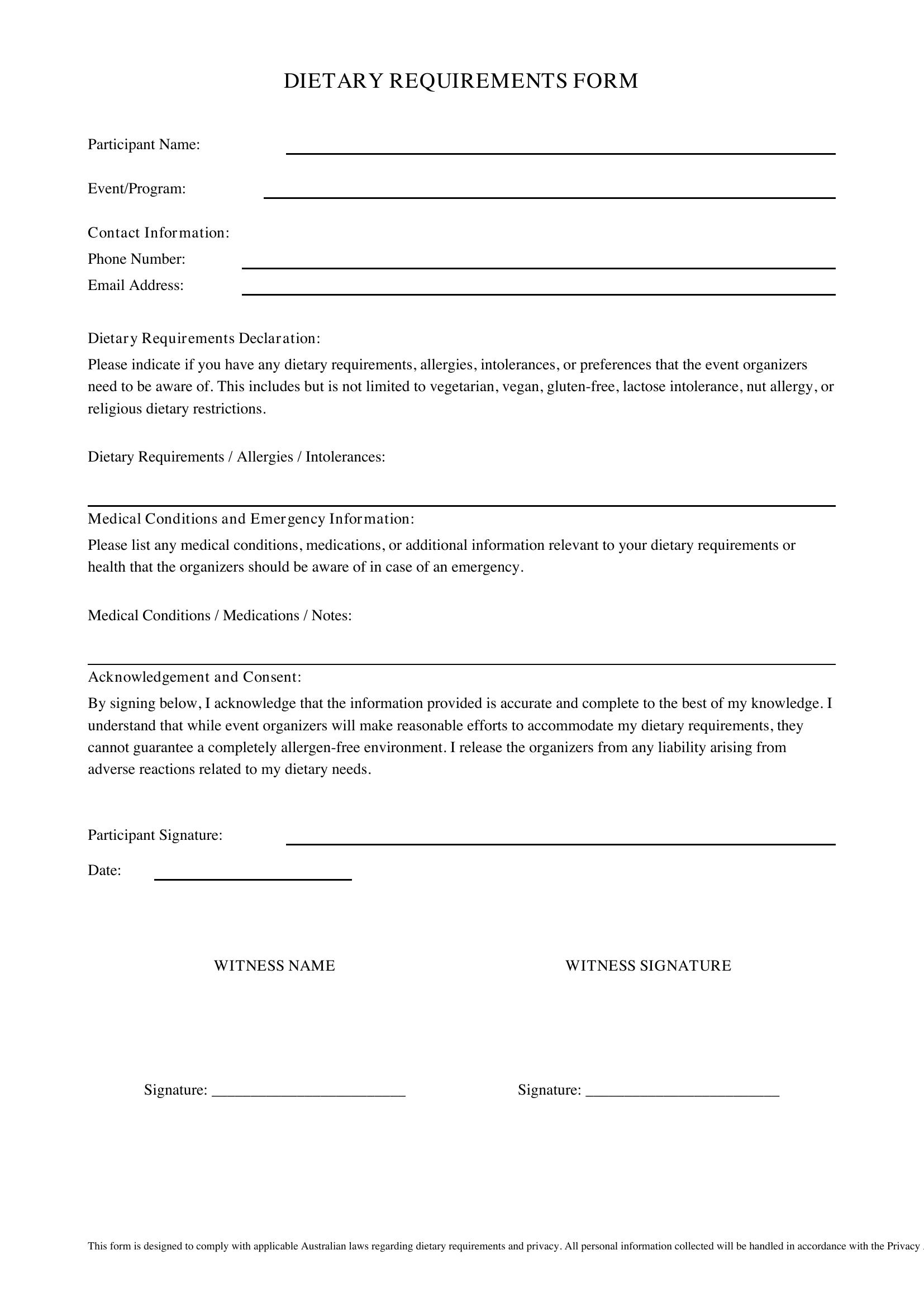 Dietary Requirements Form Template - Australia