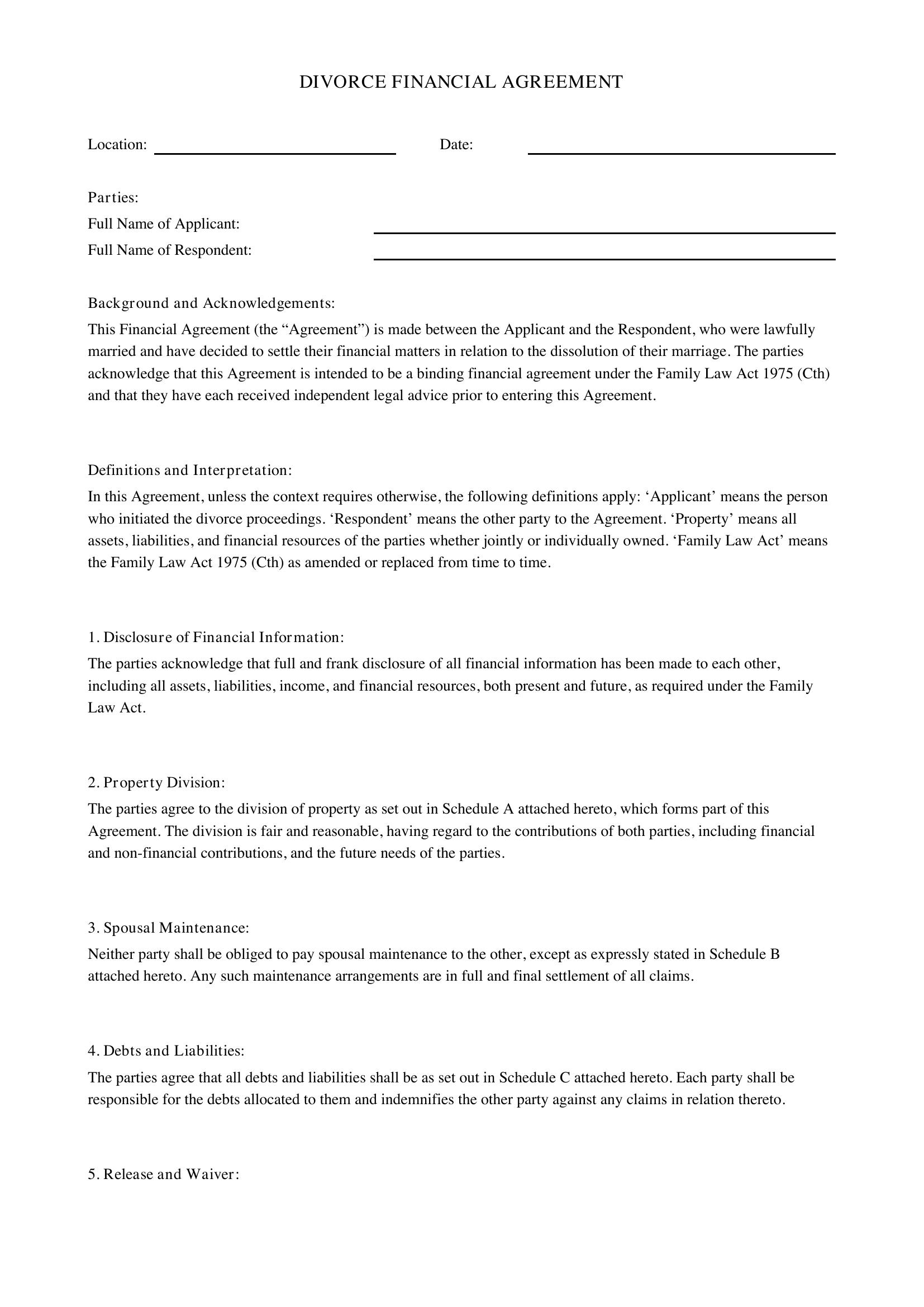 Divorce Financial Agreement Template - Australia
