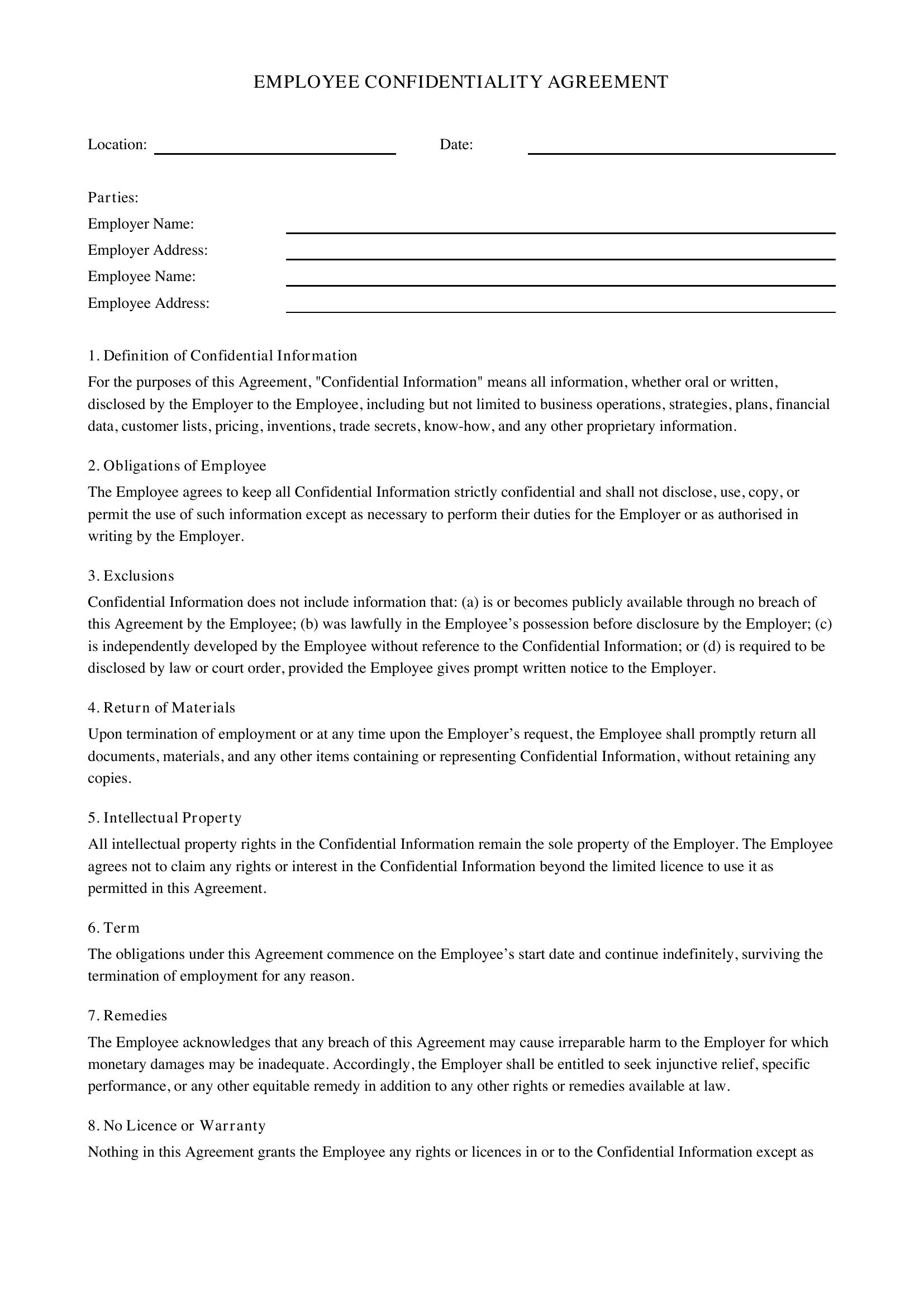 Employee Confidentiality Agreement Template - Australia