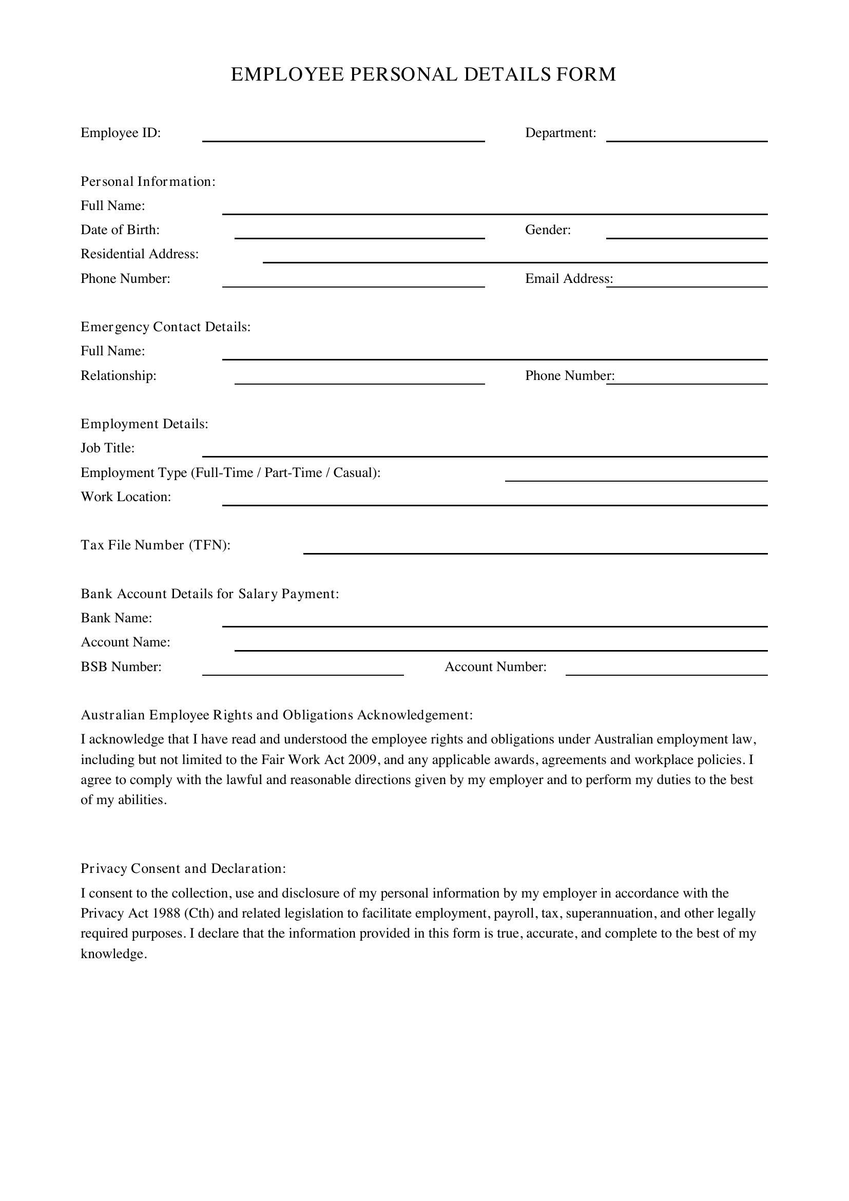 Employee Personal Details Form Template - Australia