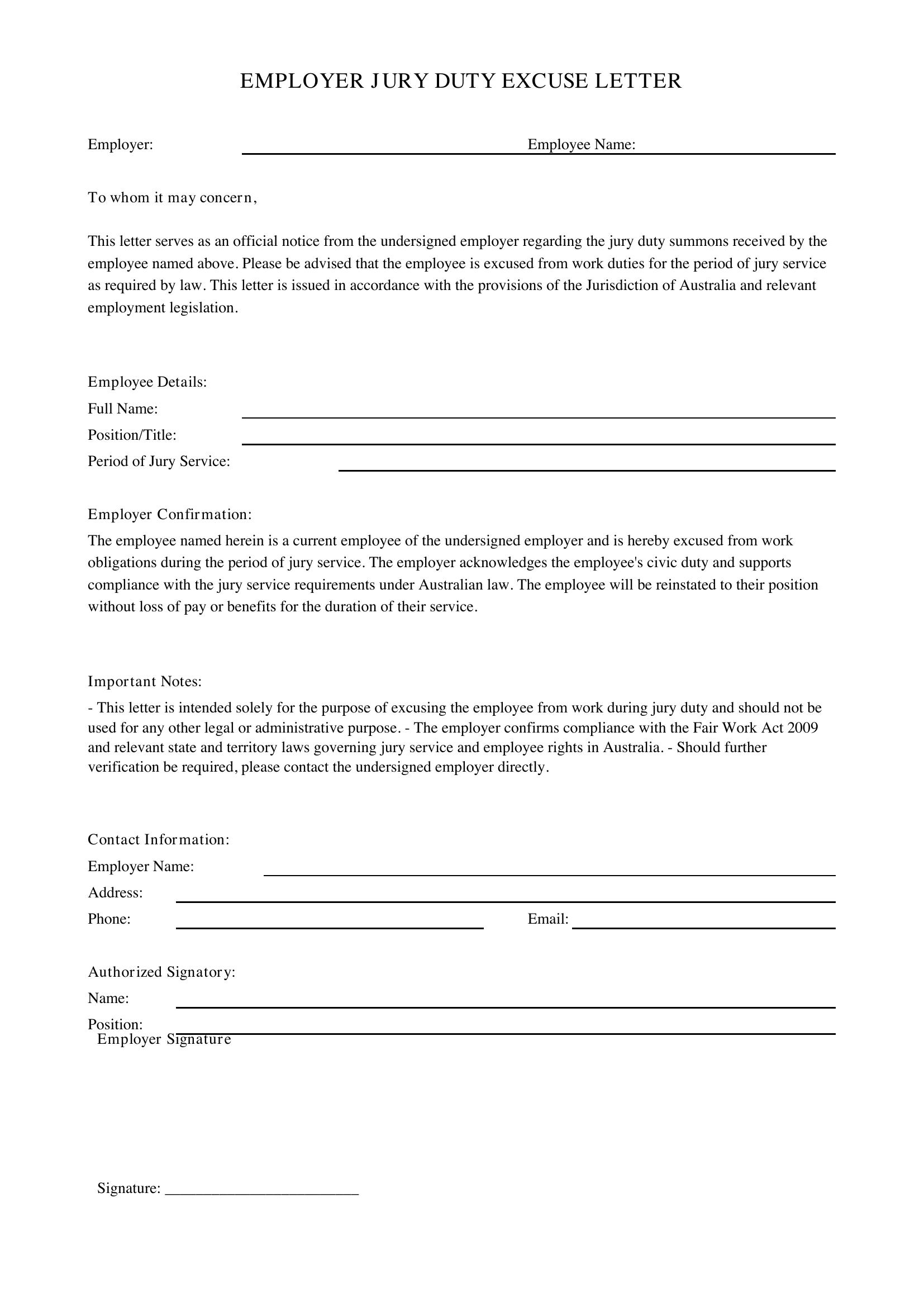 Employer Jury Duty Excuse Letter Employer Template - Australia