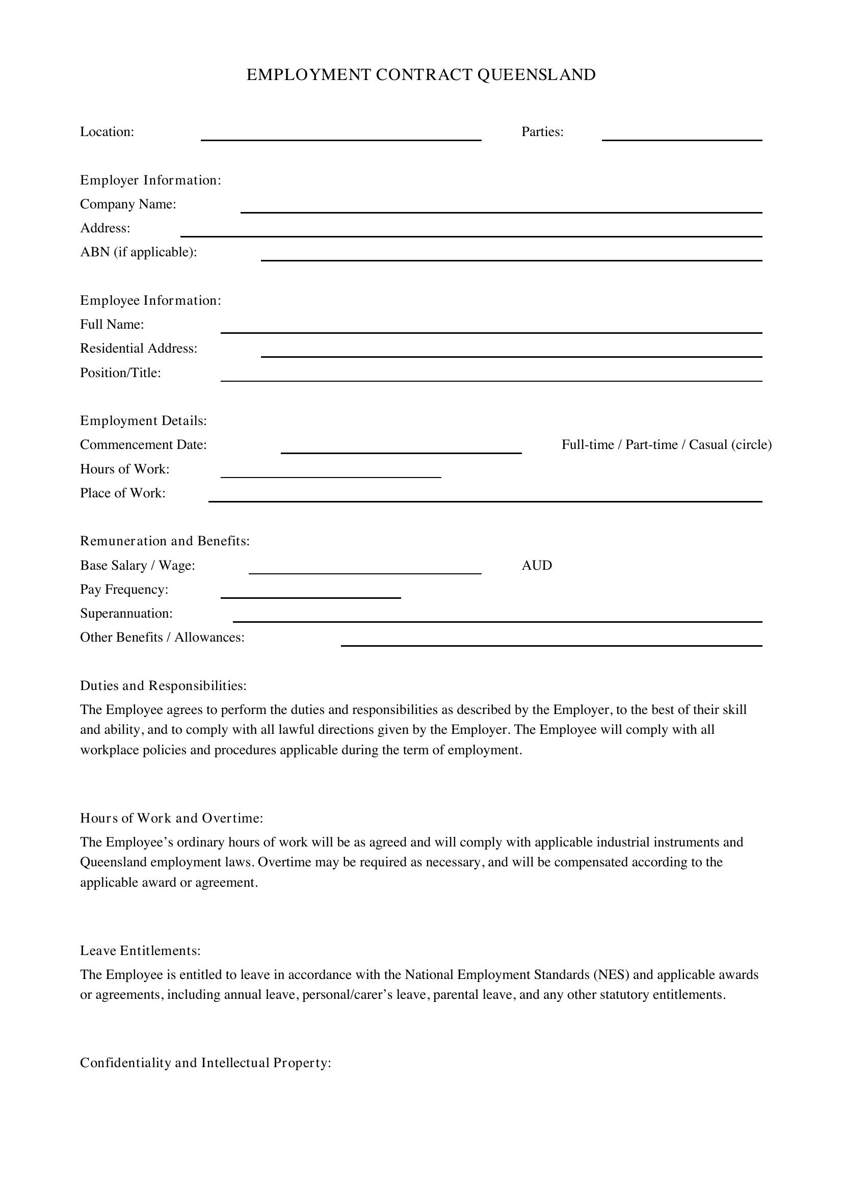 Employment Contract Qld Template - Australia