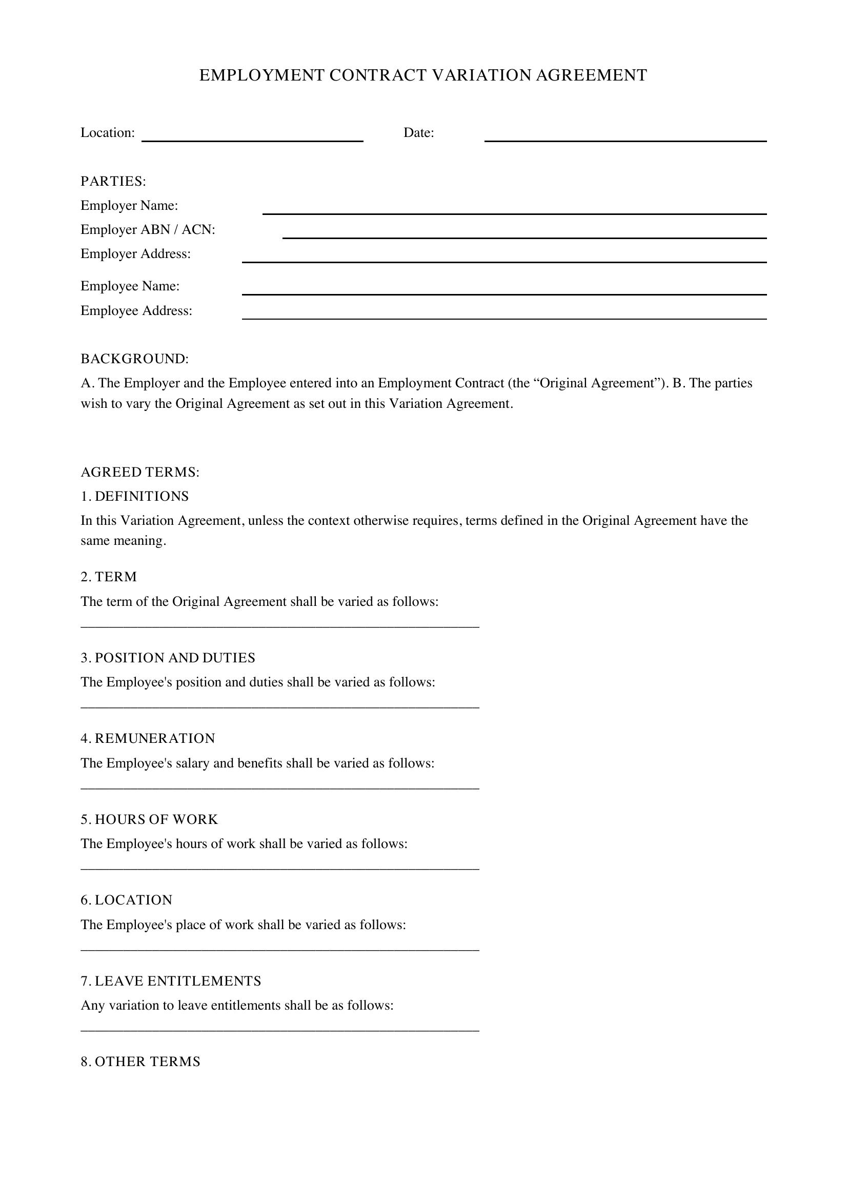 Employment Contract Variation Template - Australia