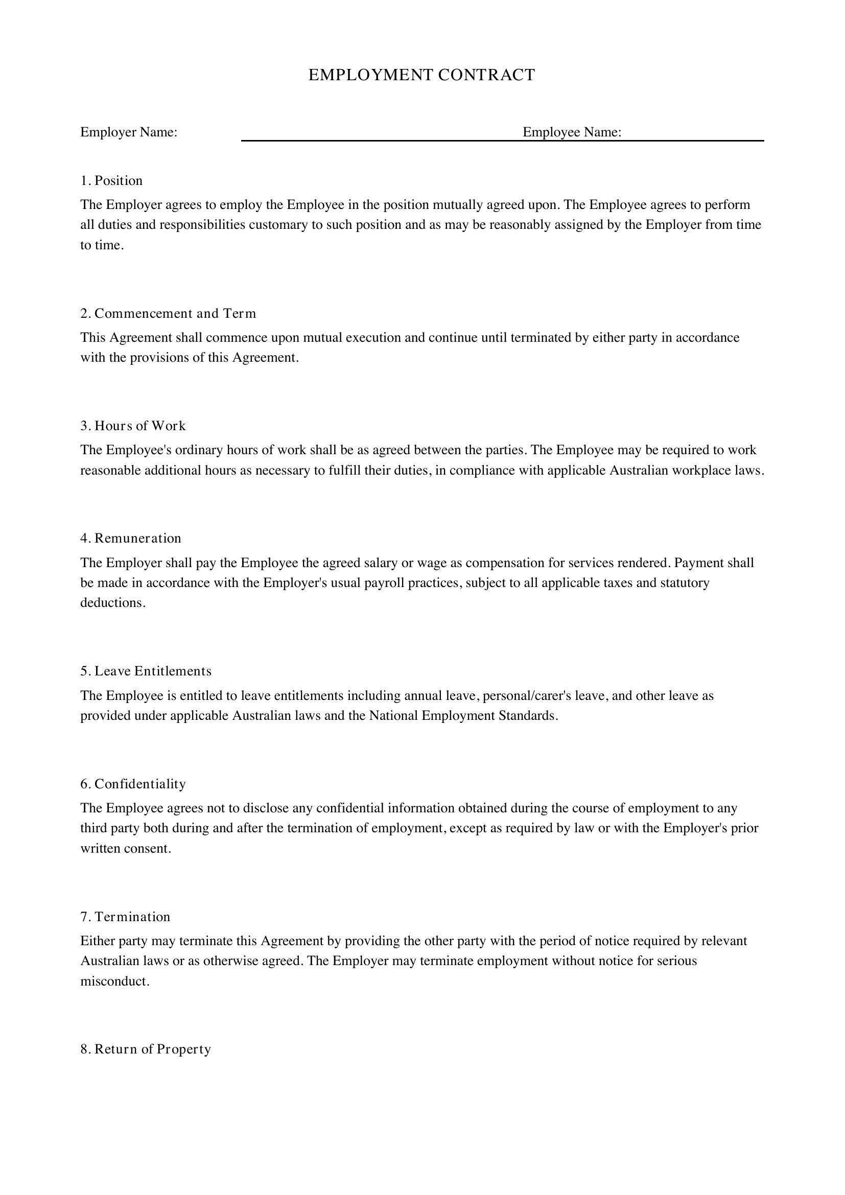 Employment Contract Wa Template - Australia