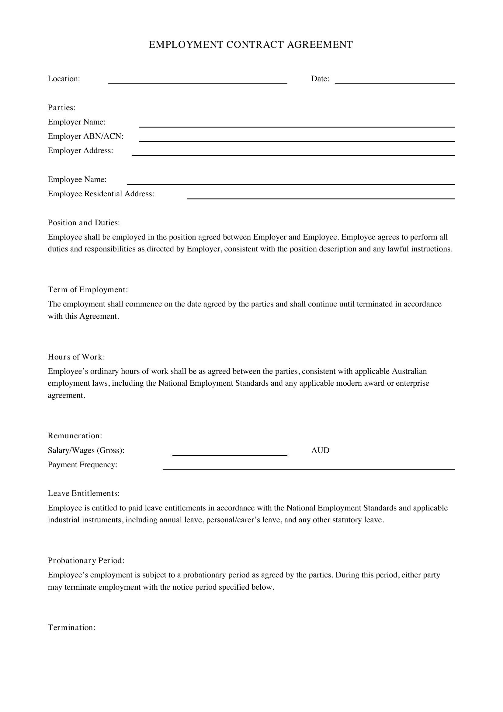 Employment Contract Template - Australia