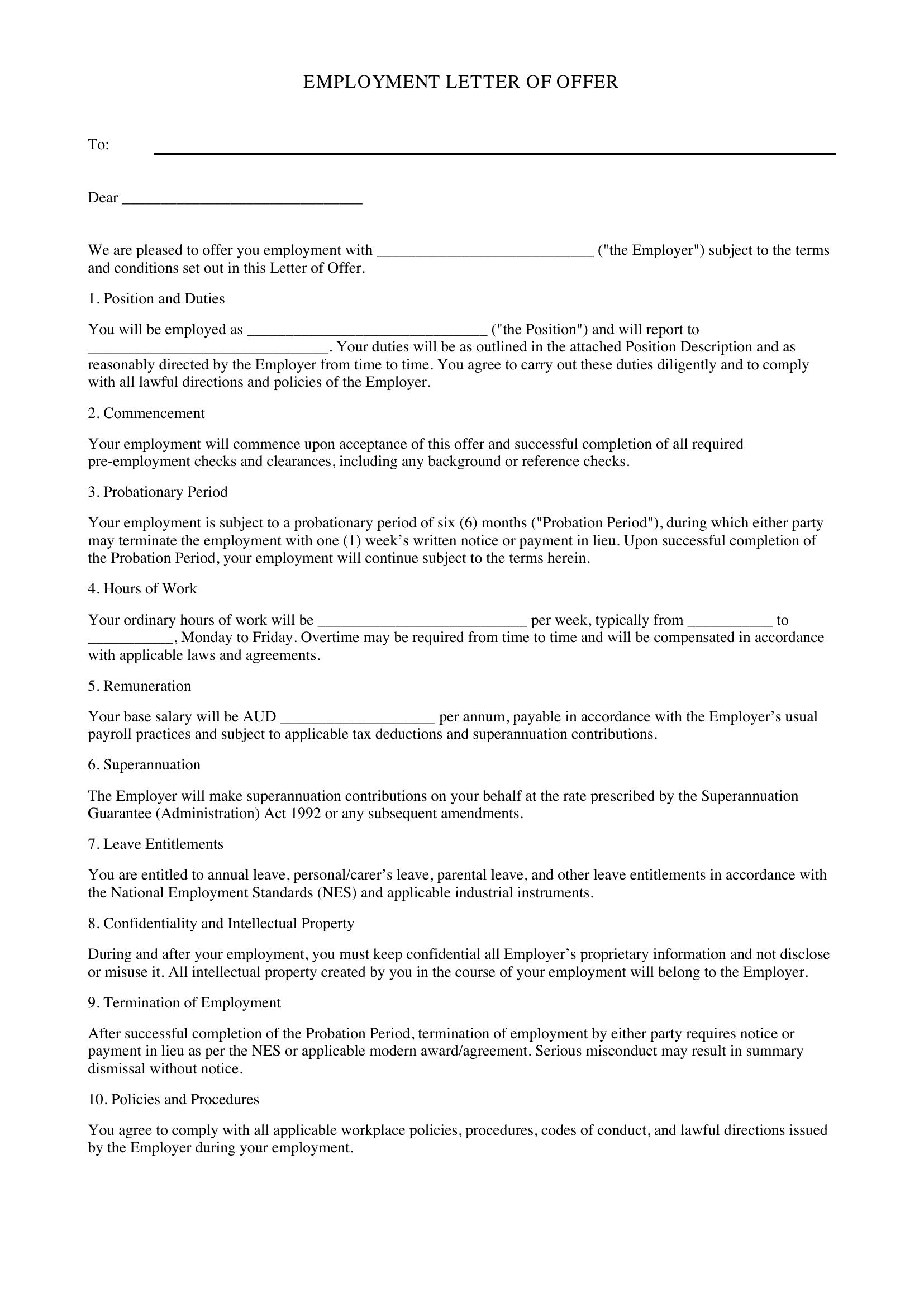 Employment Letter Of Offer Nsw Template - Australia