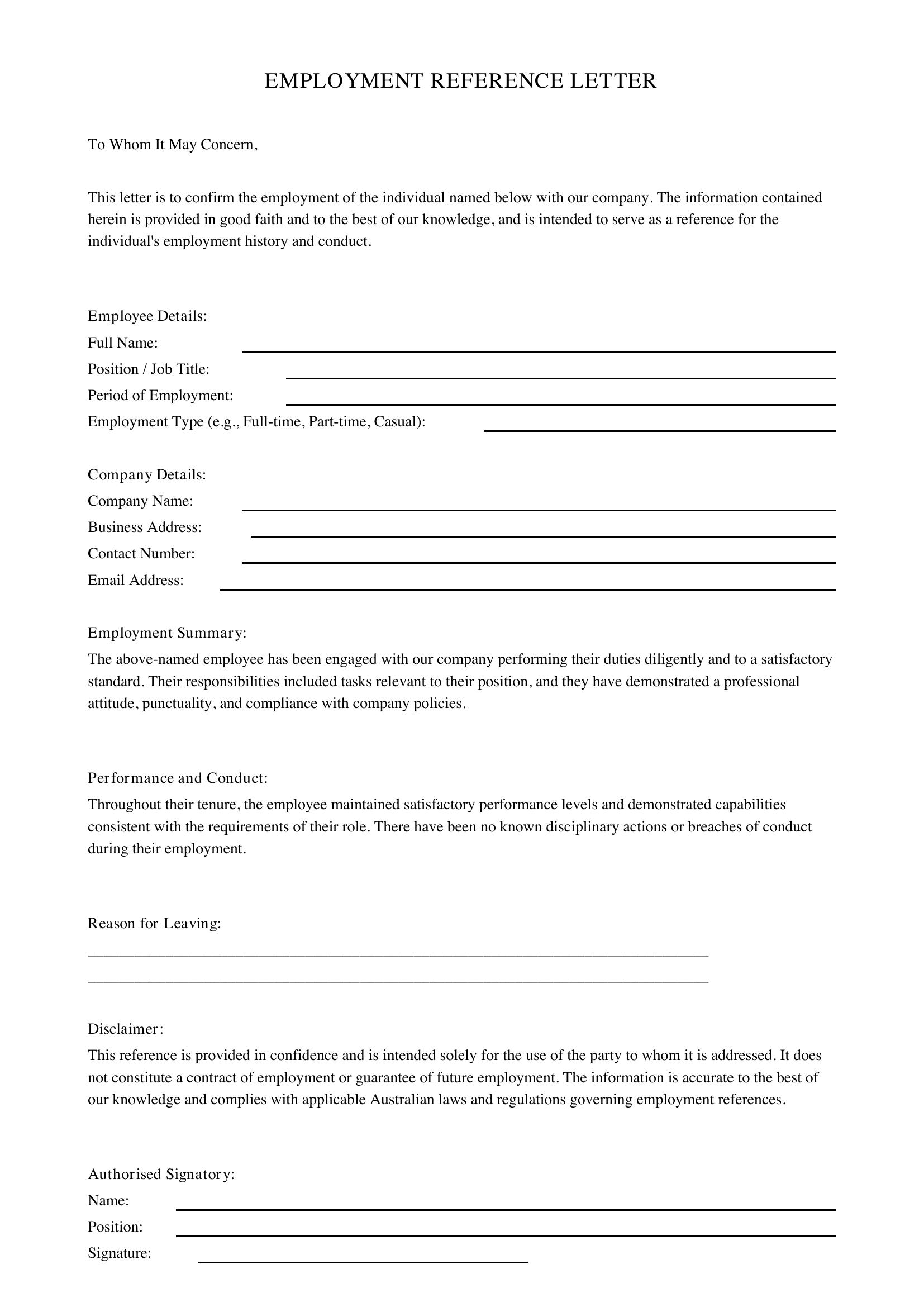 Employment Reference Letter Template - Australia