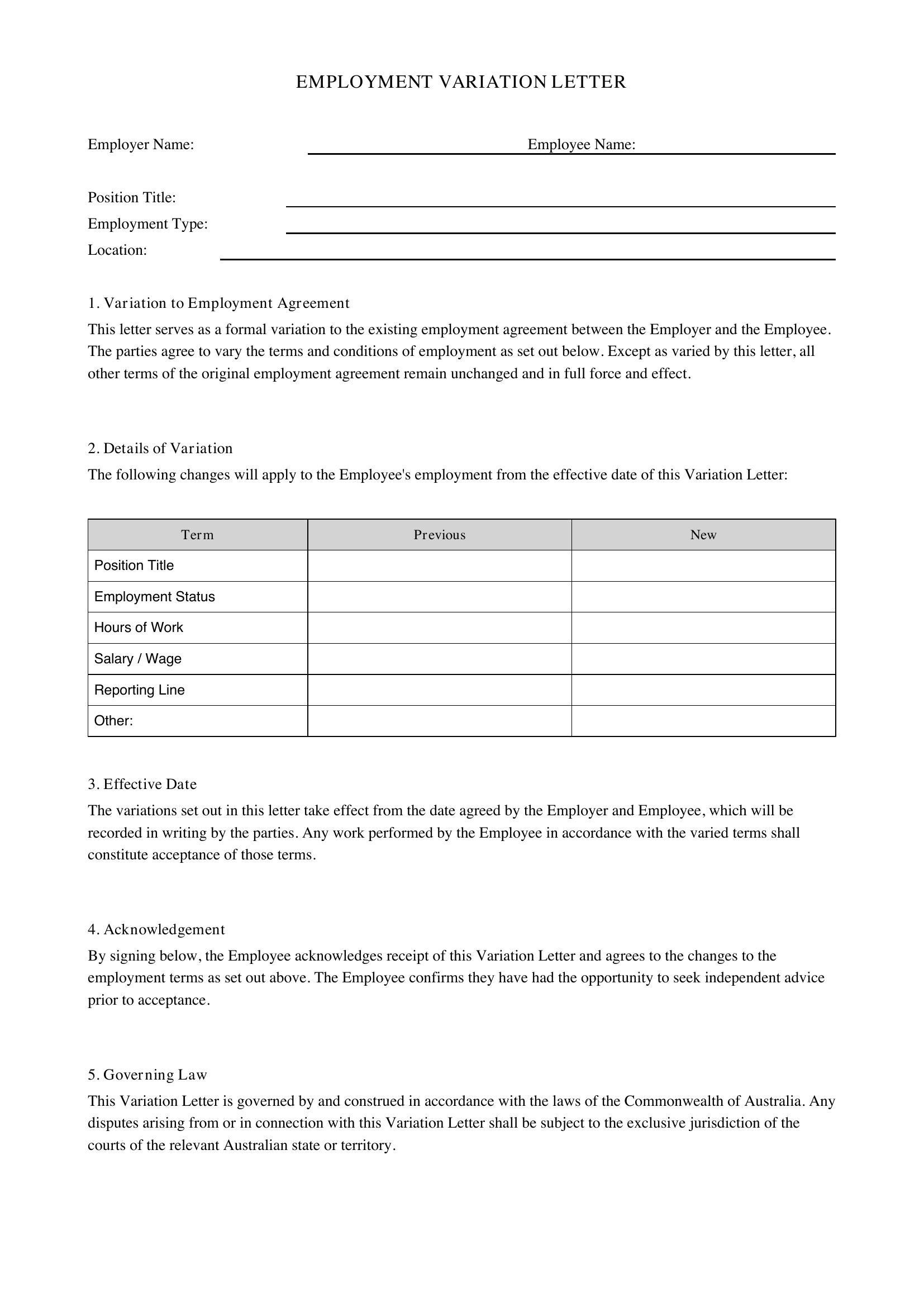 Employment Variation Letter Template - Australia