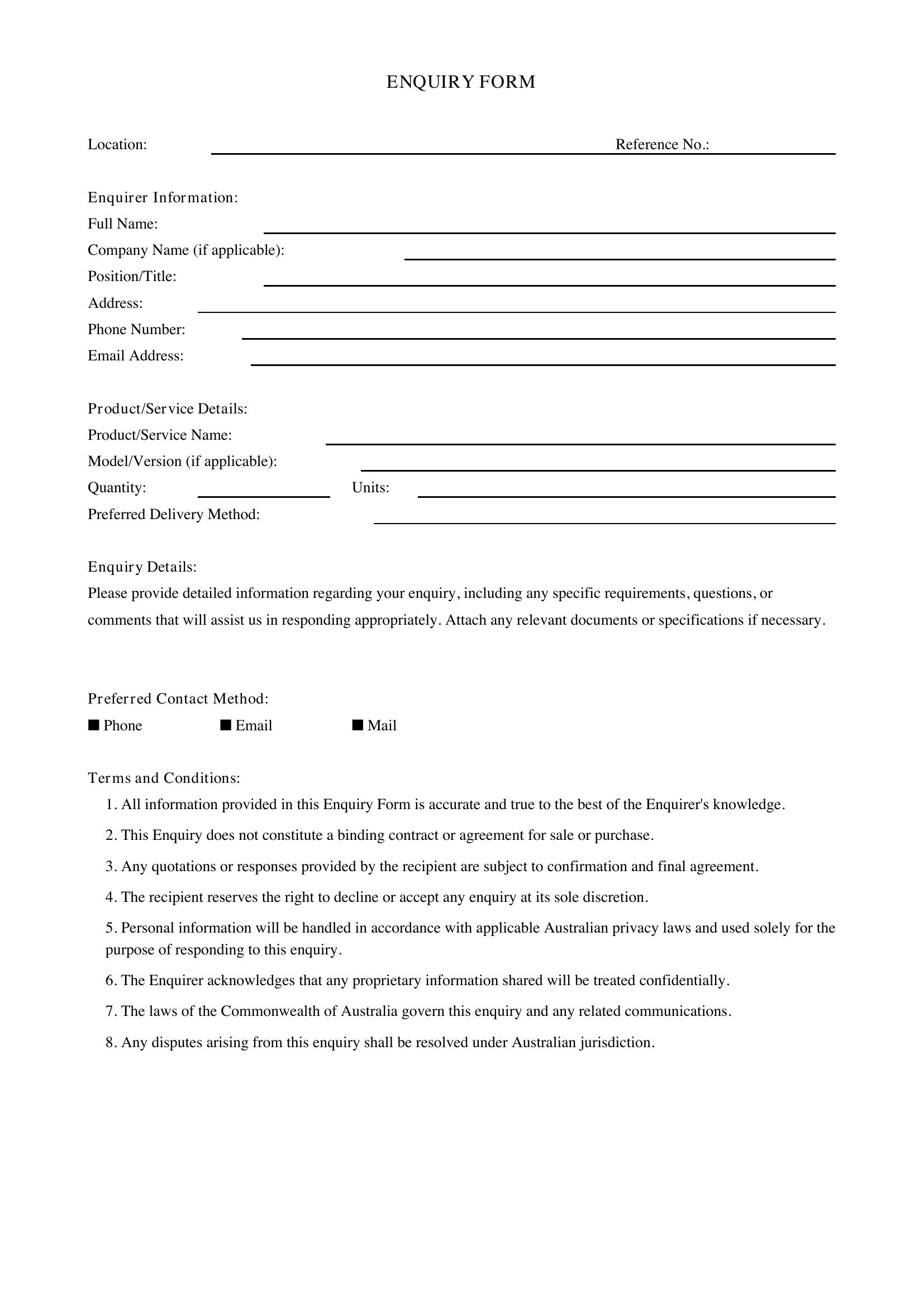 Enquiry Form Template - Australia