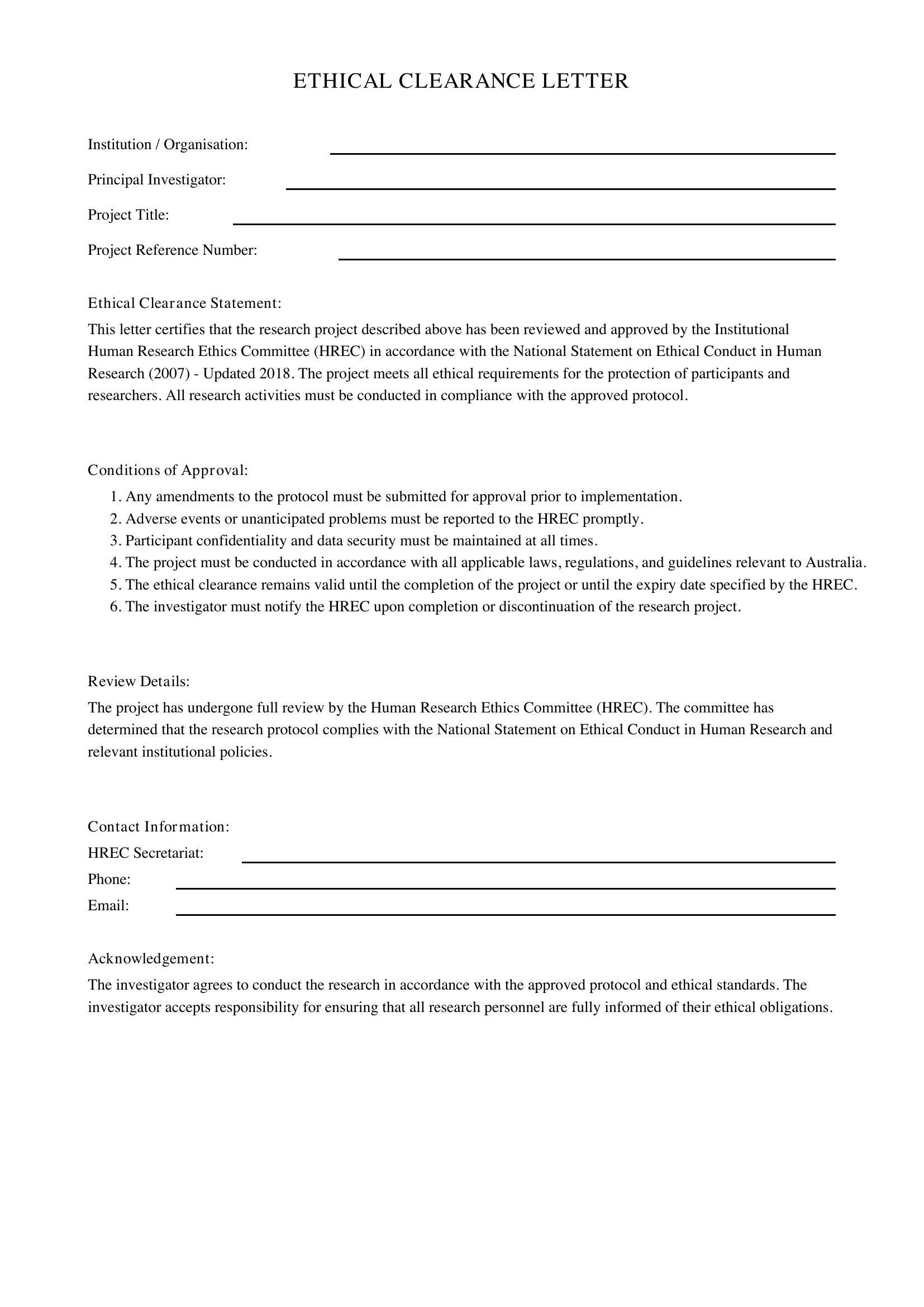 Ethical Clearance Letter Template - Australia