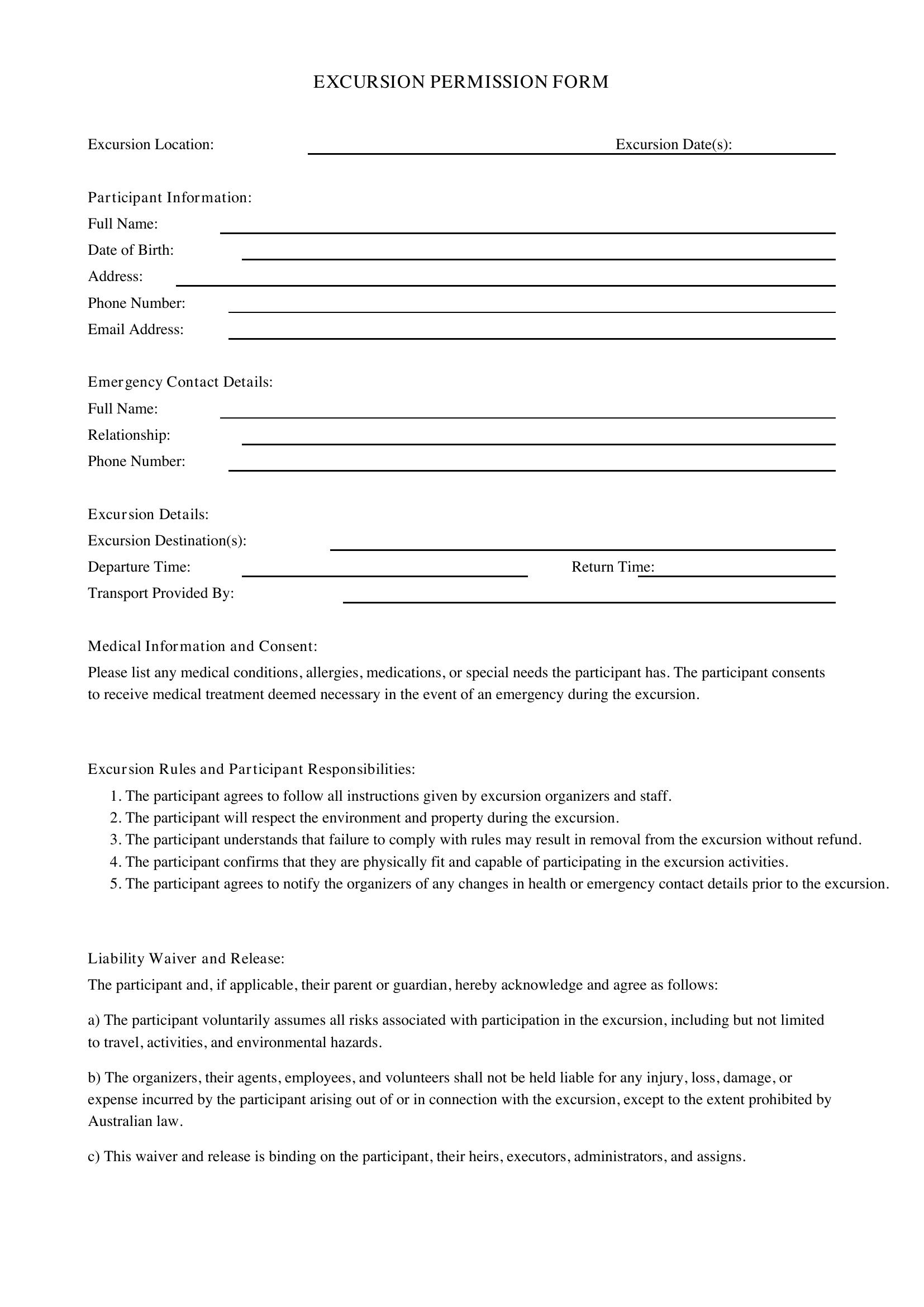 Excursion Permission Form Template - Australia