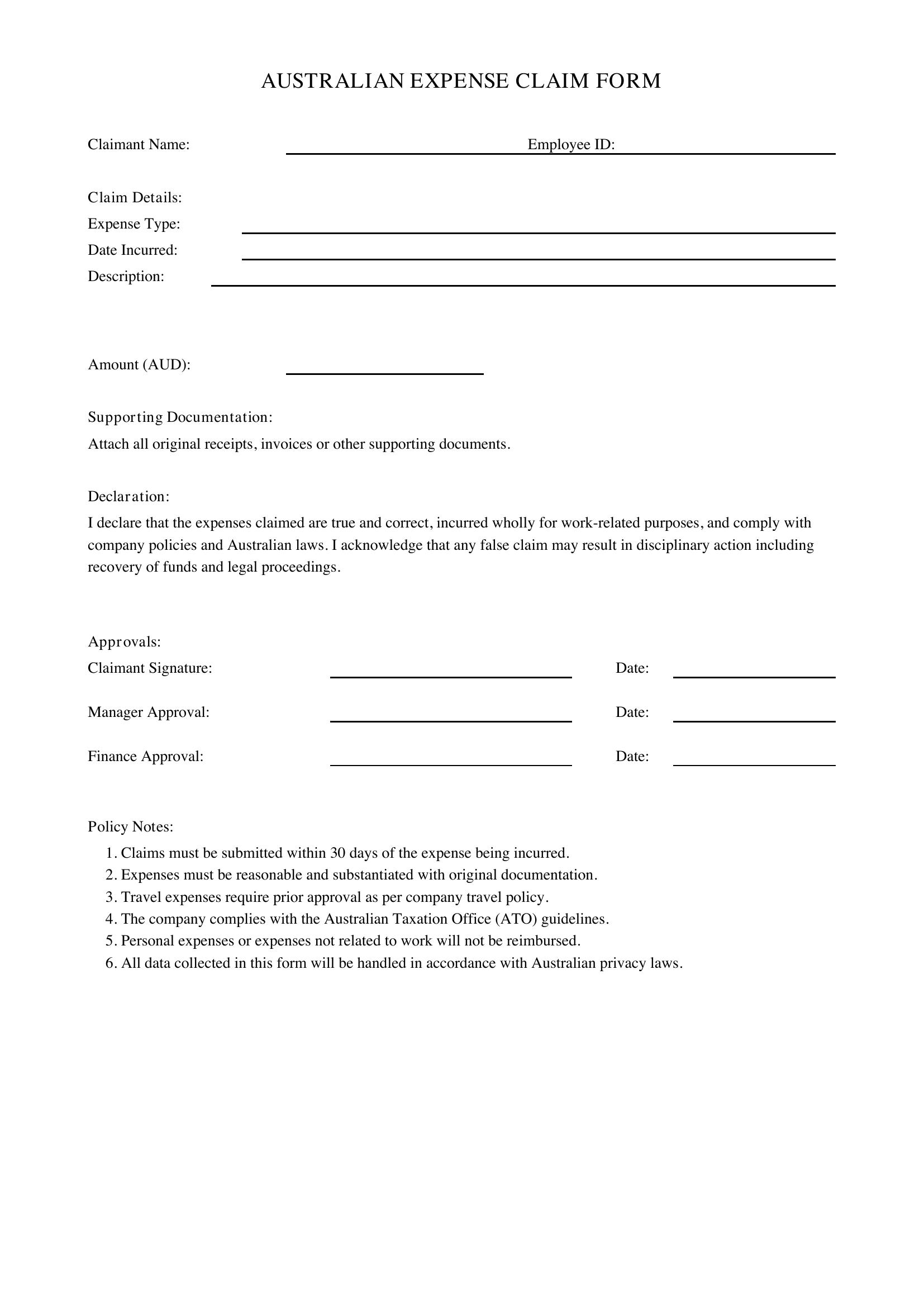 Expense Claim Form Template - Australia