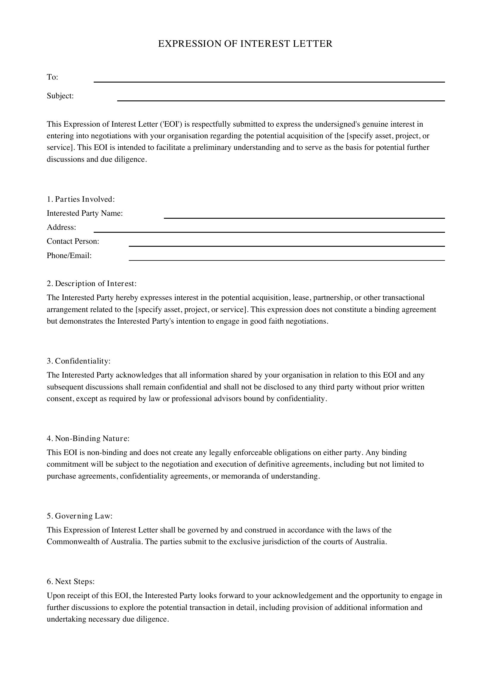 Expression Of Interest Letter Template - Australia