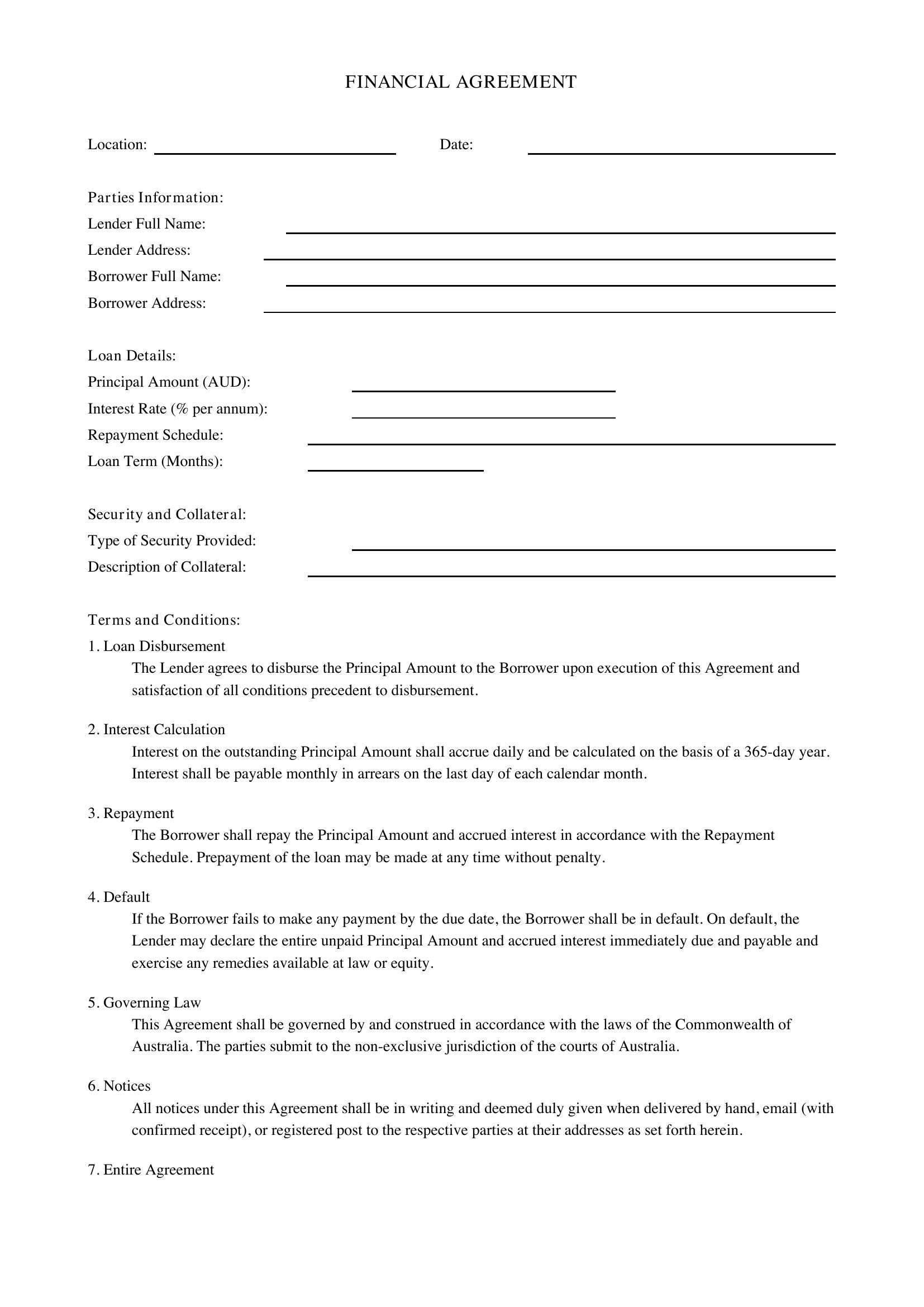 Financial Agreement Template - Australia