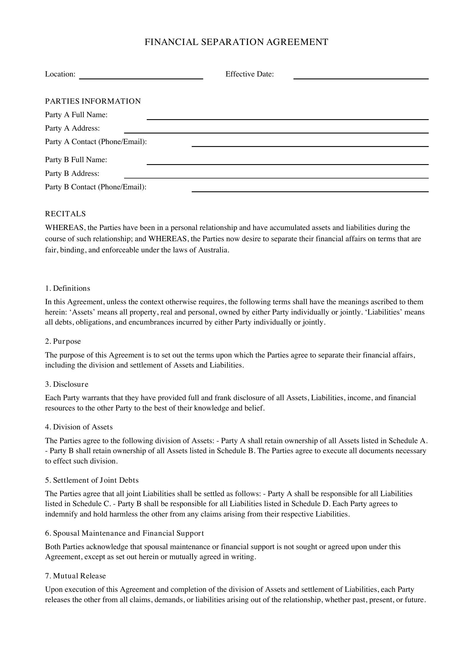 Financial Separation Agreement Template - Australia