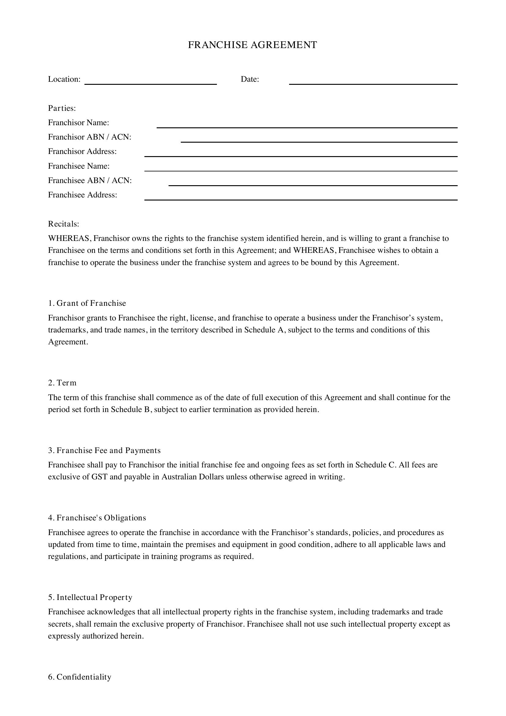 Franchise Agreement Template - Australia