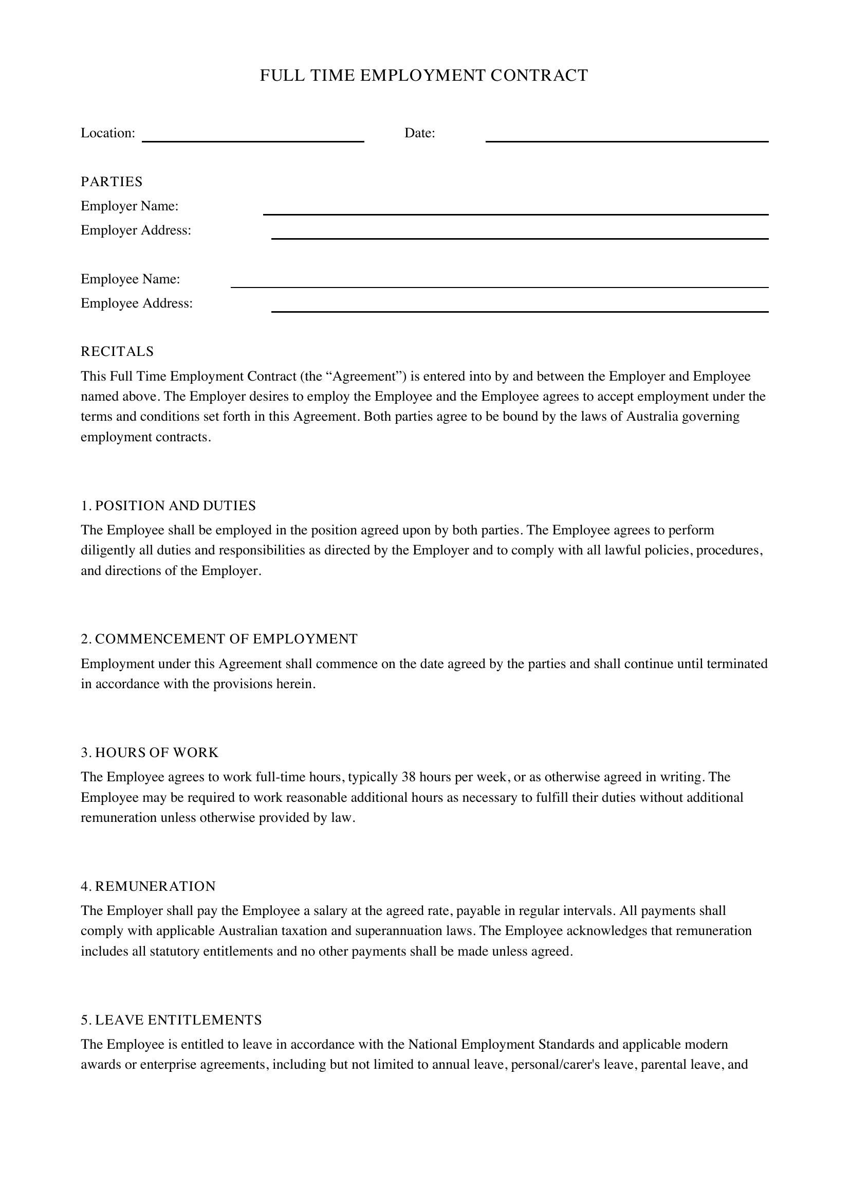 Full Time Employment Contract Template - Australia
