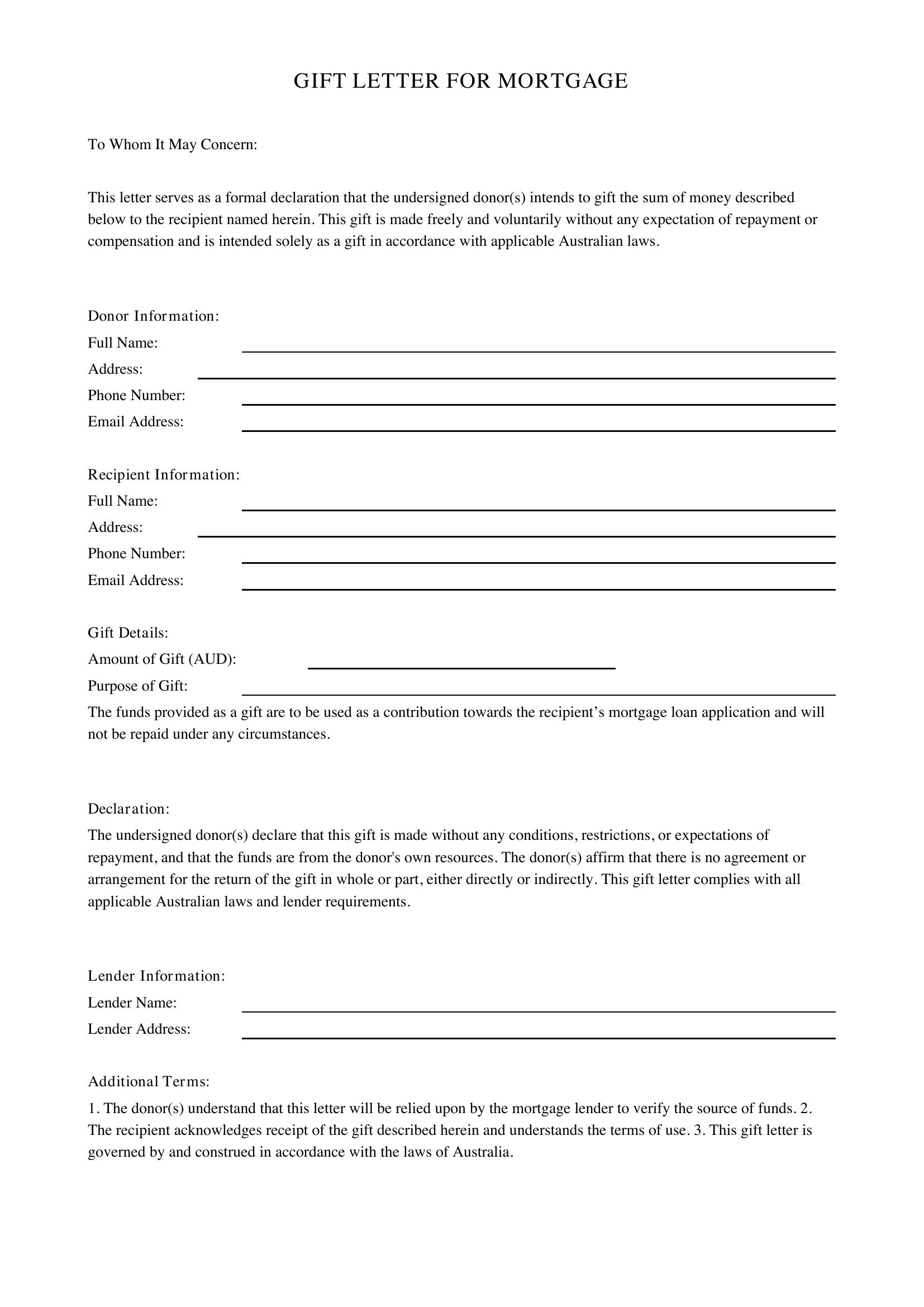 Gift Letter For Mortgage Template - Australia