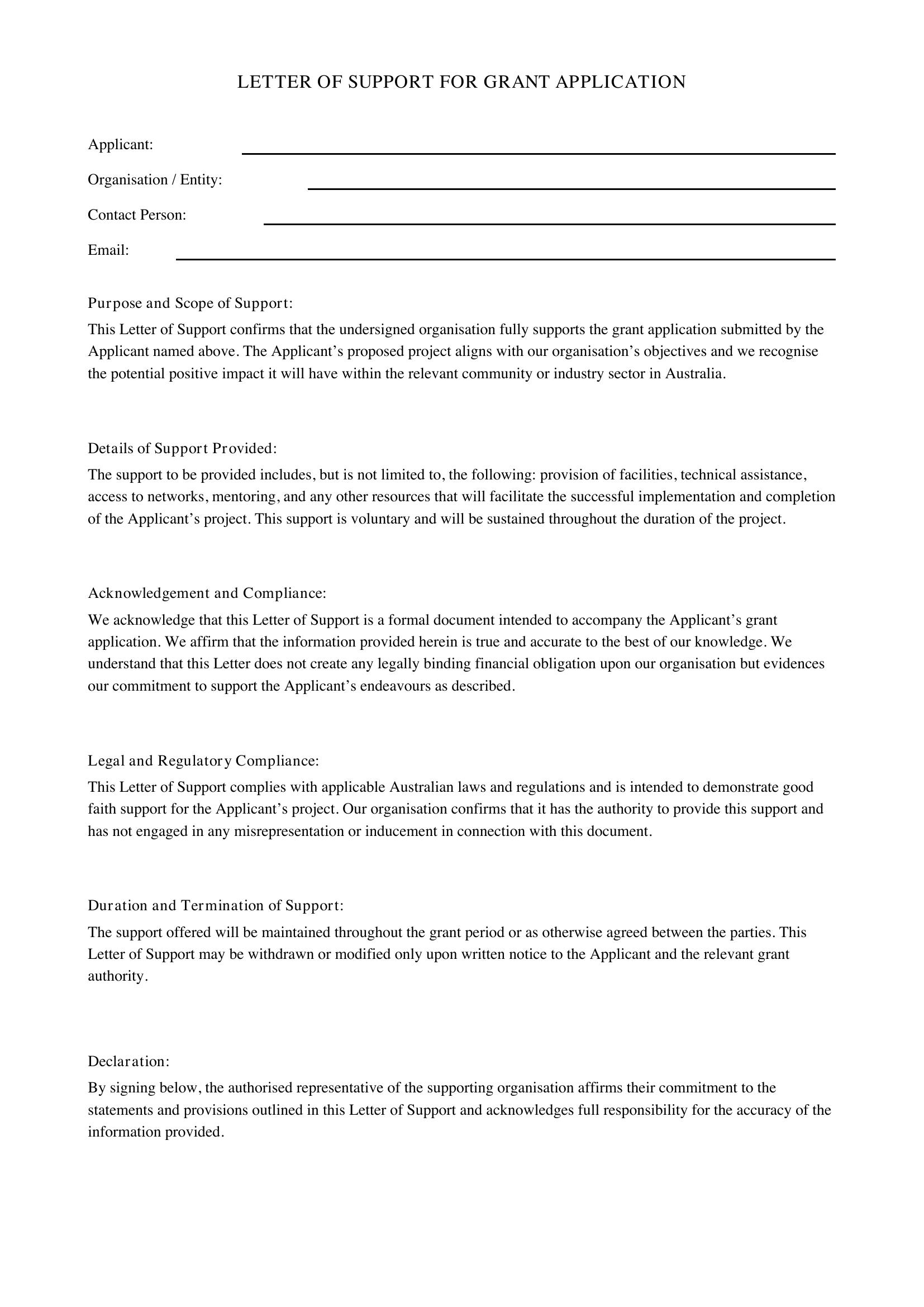 Grant Letter Of Support Template - Australia