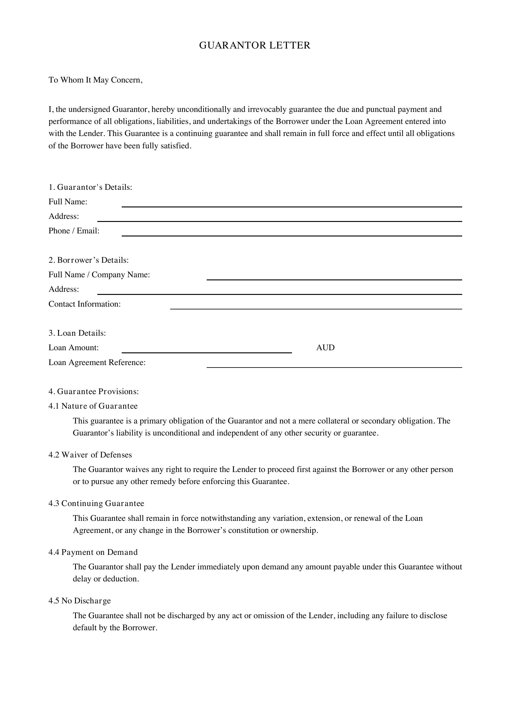 Guarantor Letter Template - Australia