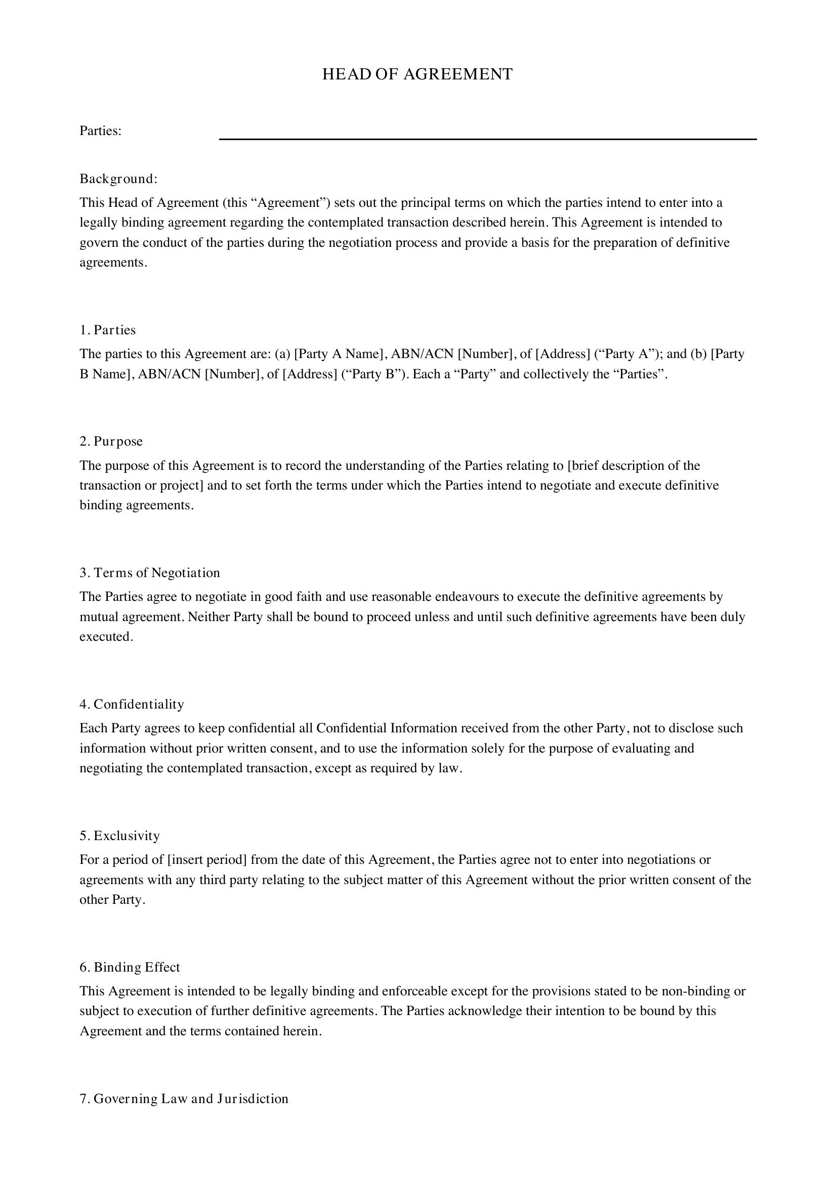 Head Of Agreement Template - Australia