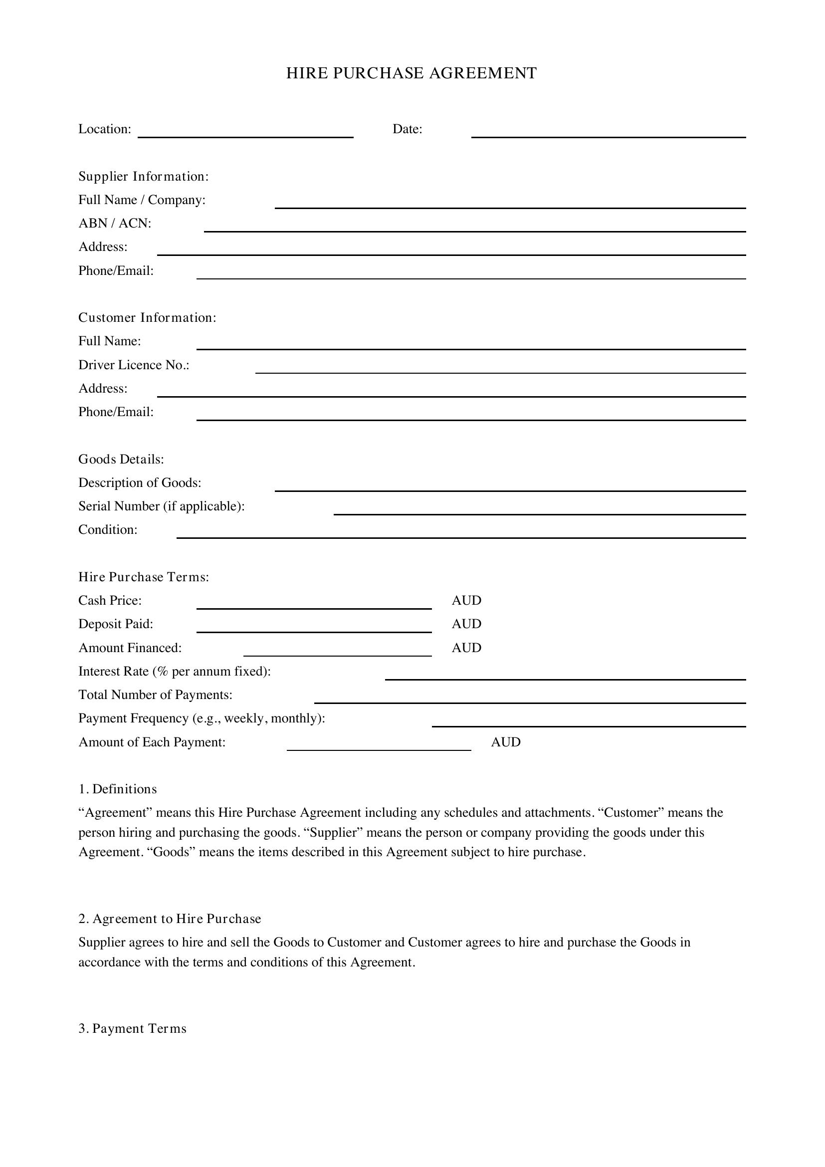 Hire Purchase Agreement Template - Australia