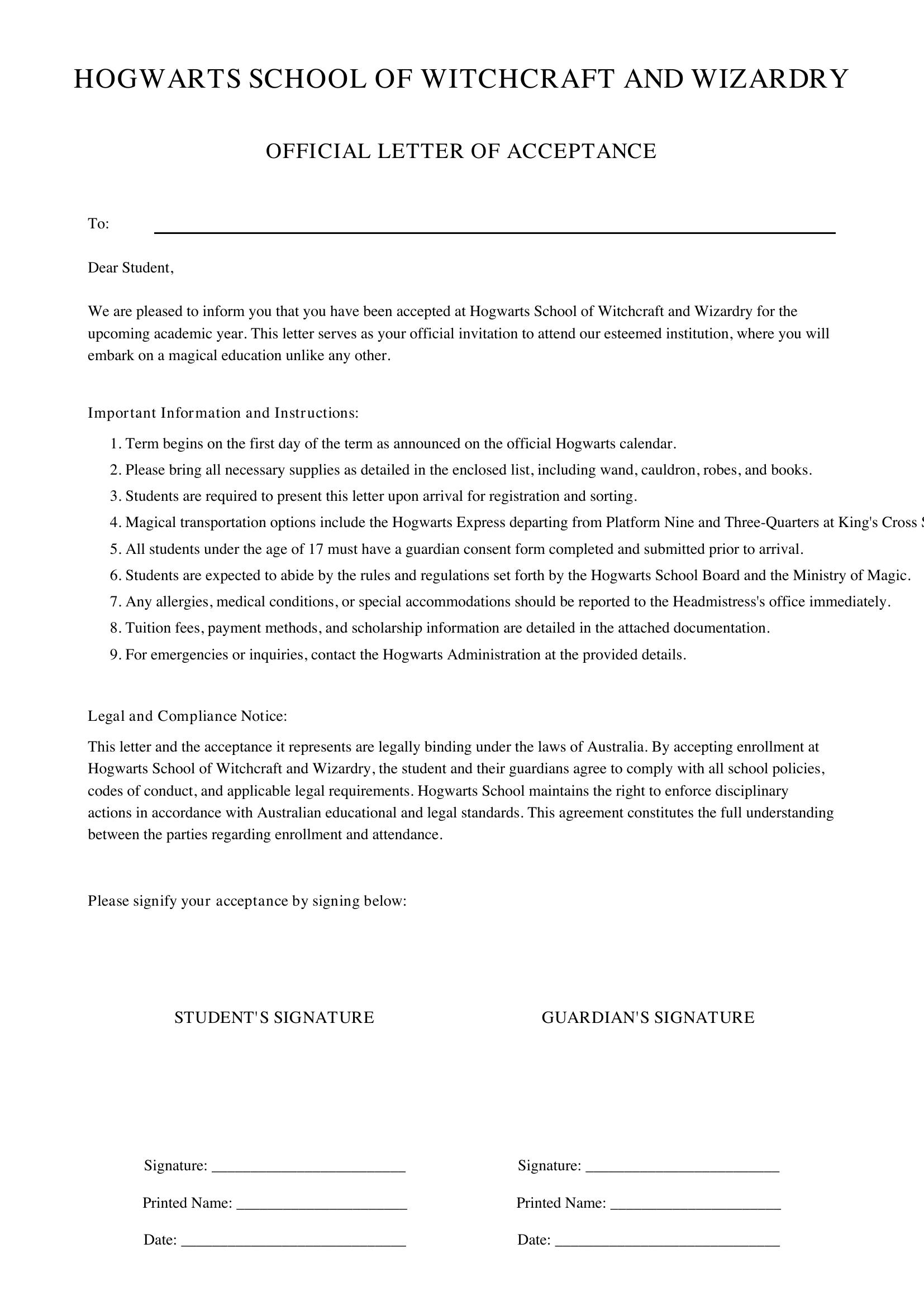 Hogwarts Letter Template - Australia