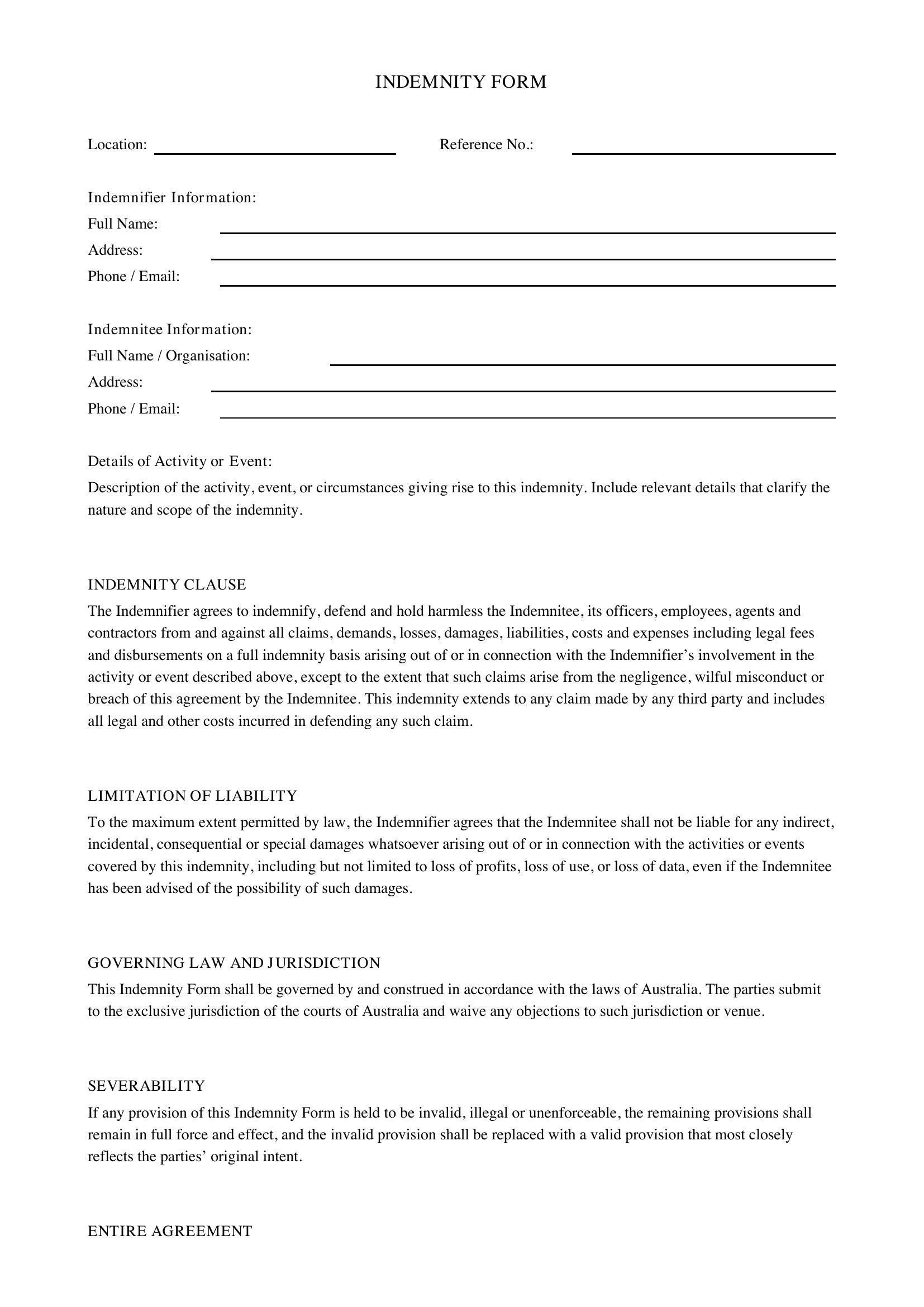 Indemnity Form Template - Australia