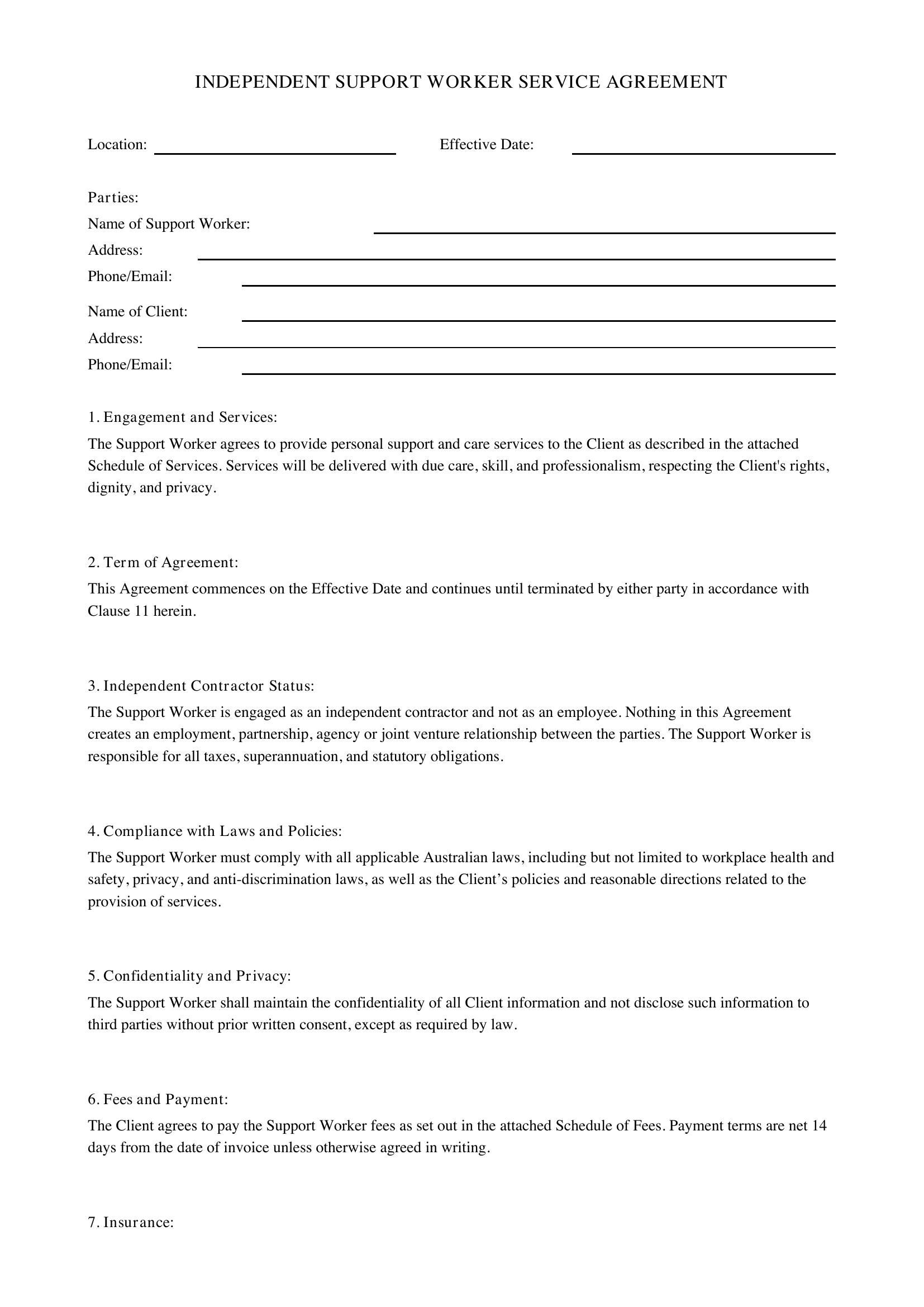 Independent Support Worker Service Agreement Template - Australia
