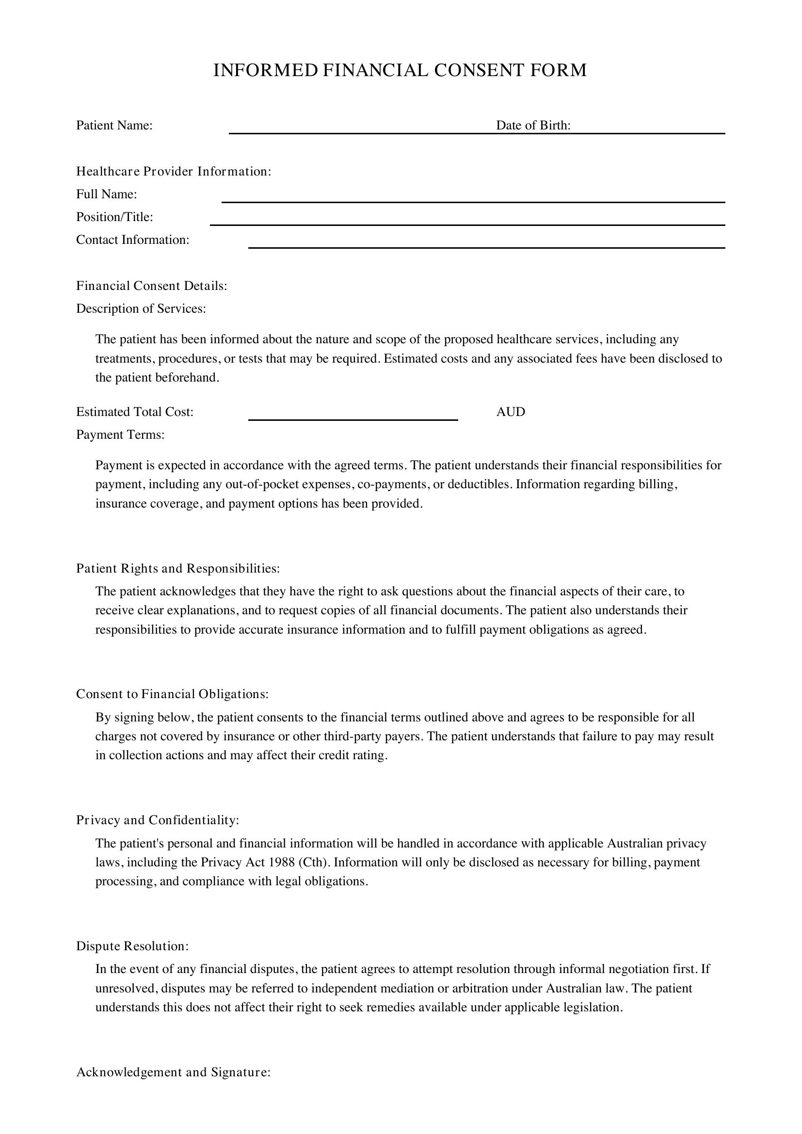Informed Financial Consent Form Template - Australia