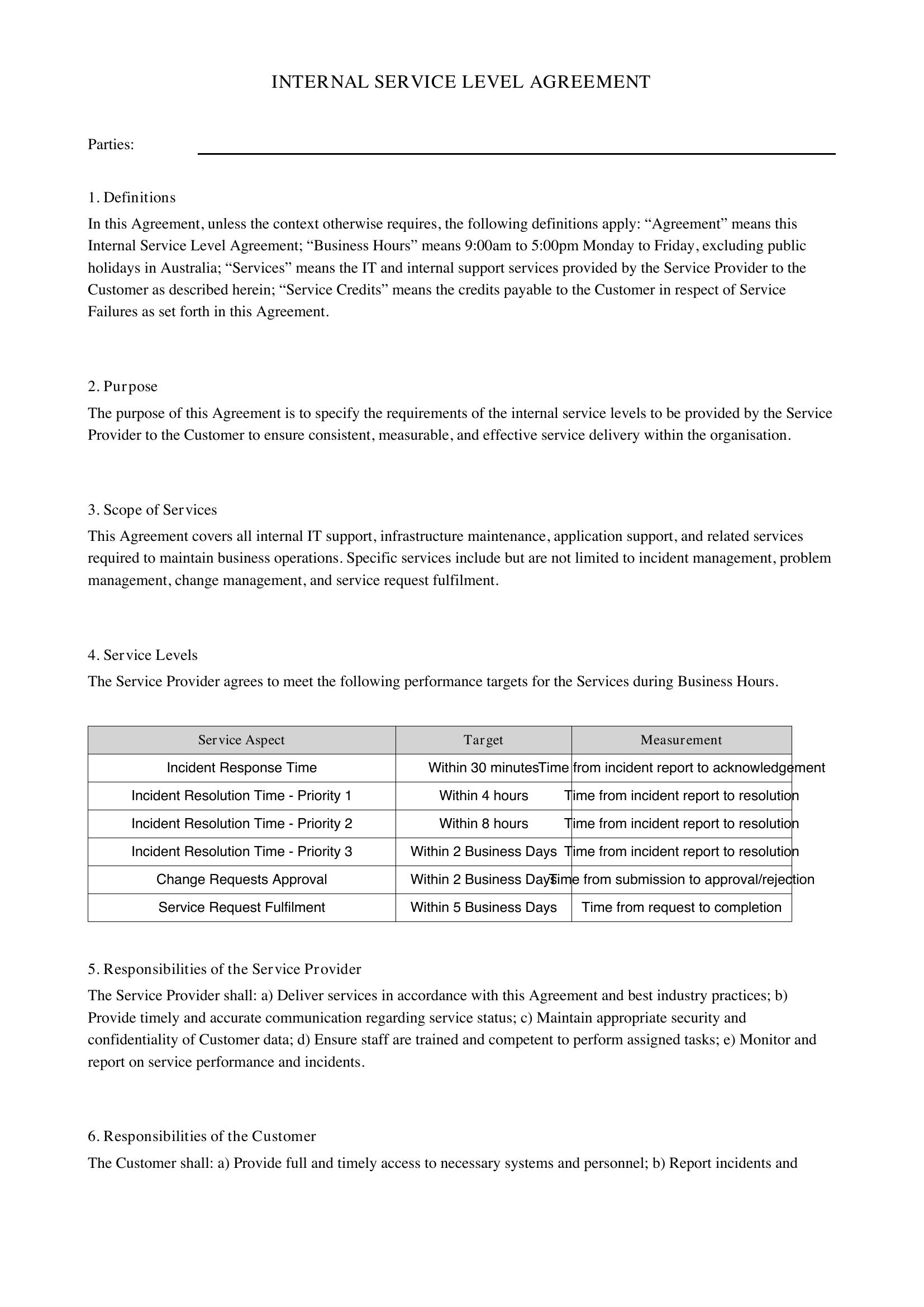 Internal Service Level Agreement Template - Australia