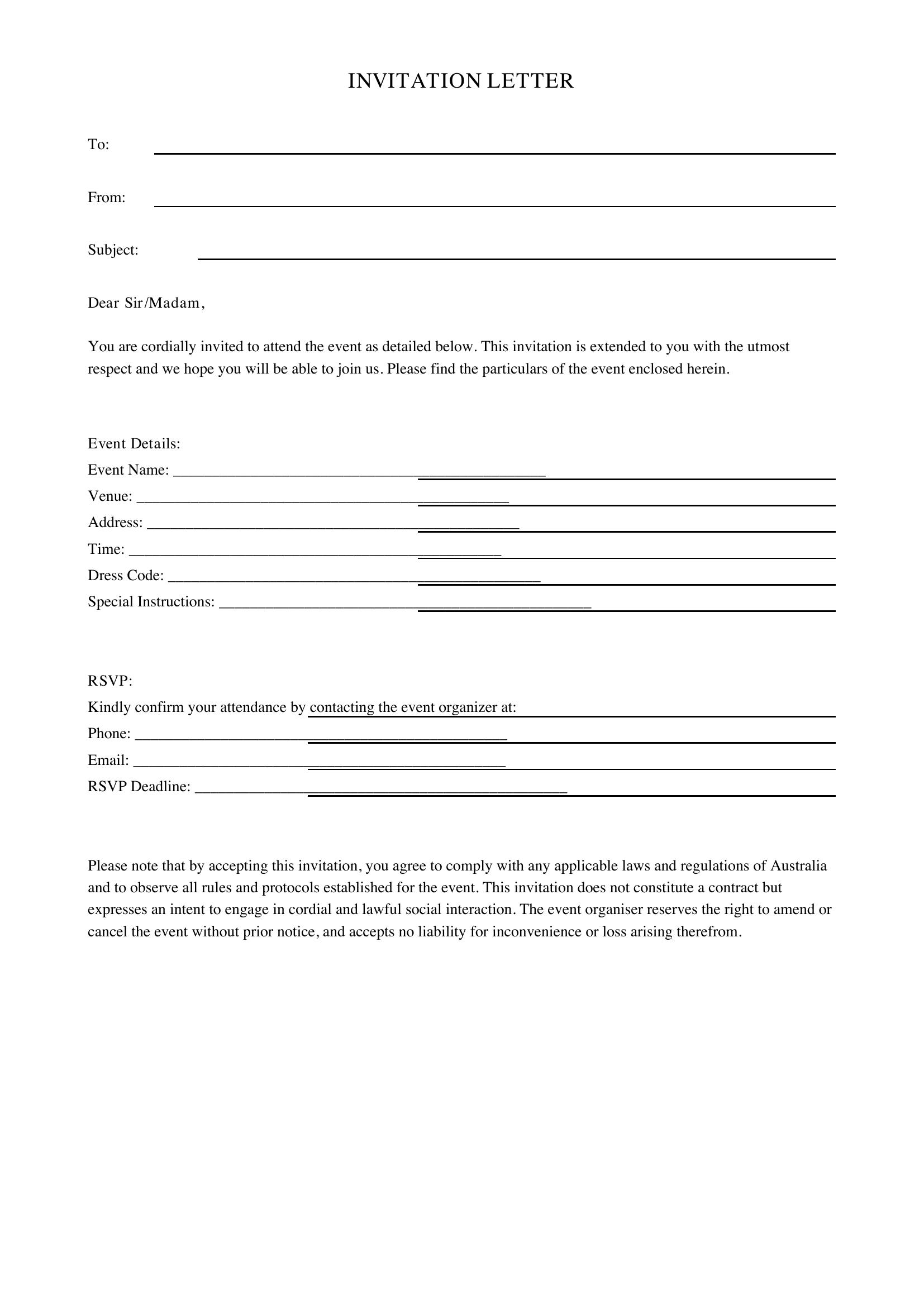 Invitation Letter Template - Australia