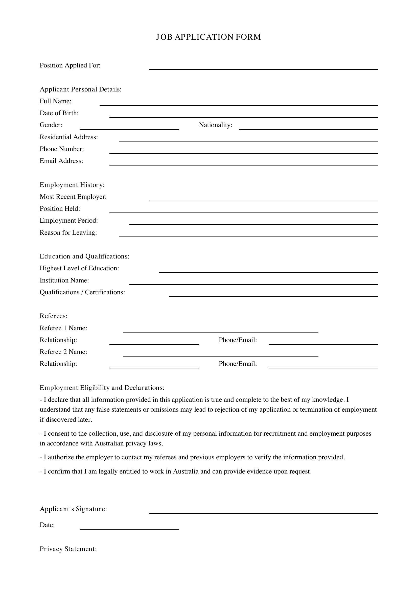 Job Application Form Template - Australia