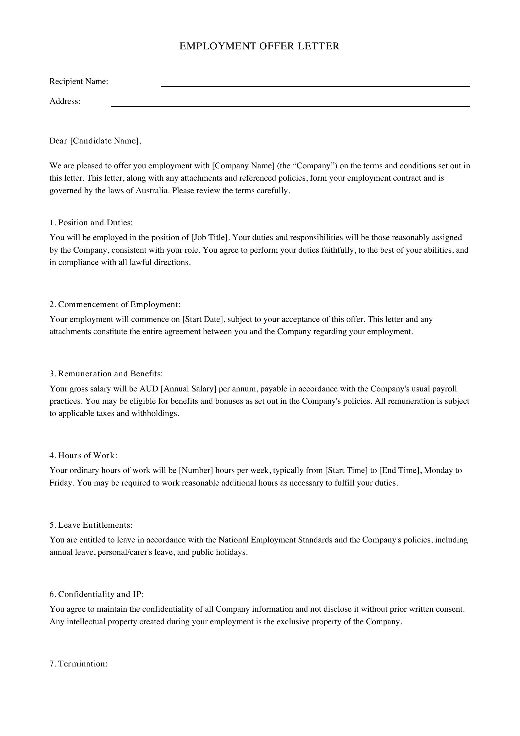 Job Letter Template - Australia