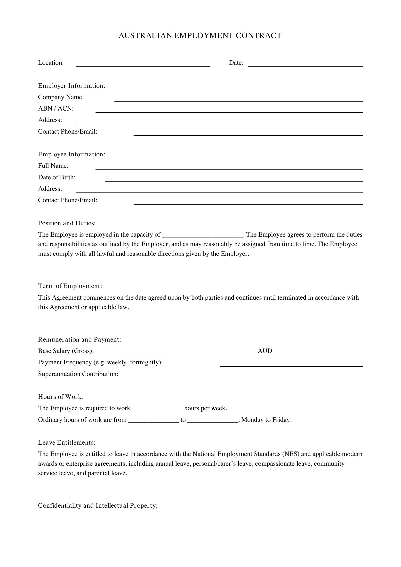 Job Printable Employment Contract Template - Australia