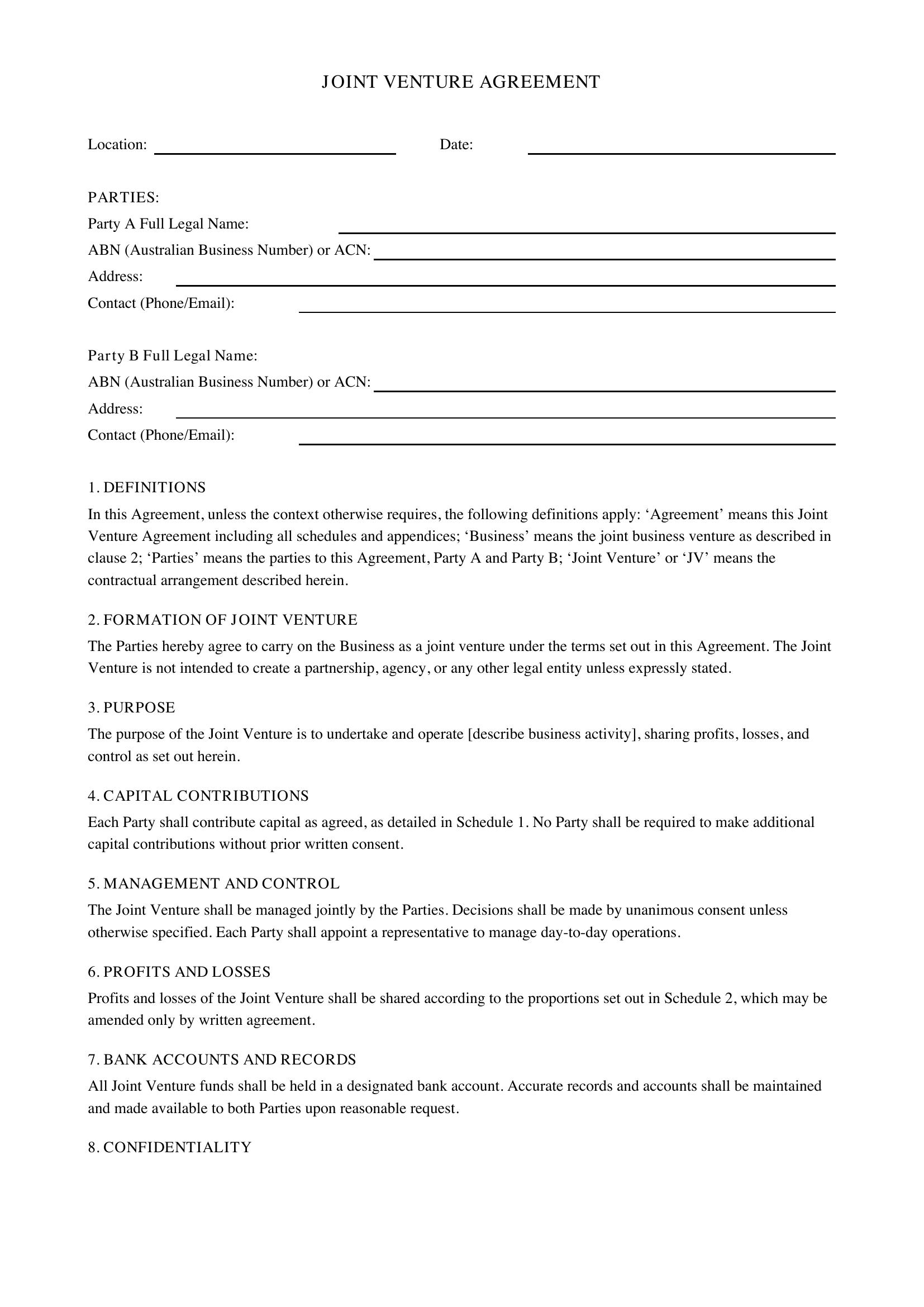 Joint Venture Agreement Template - Australia