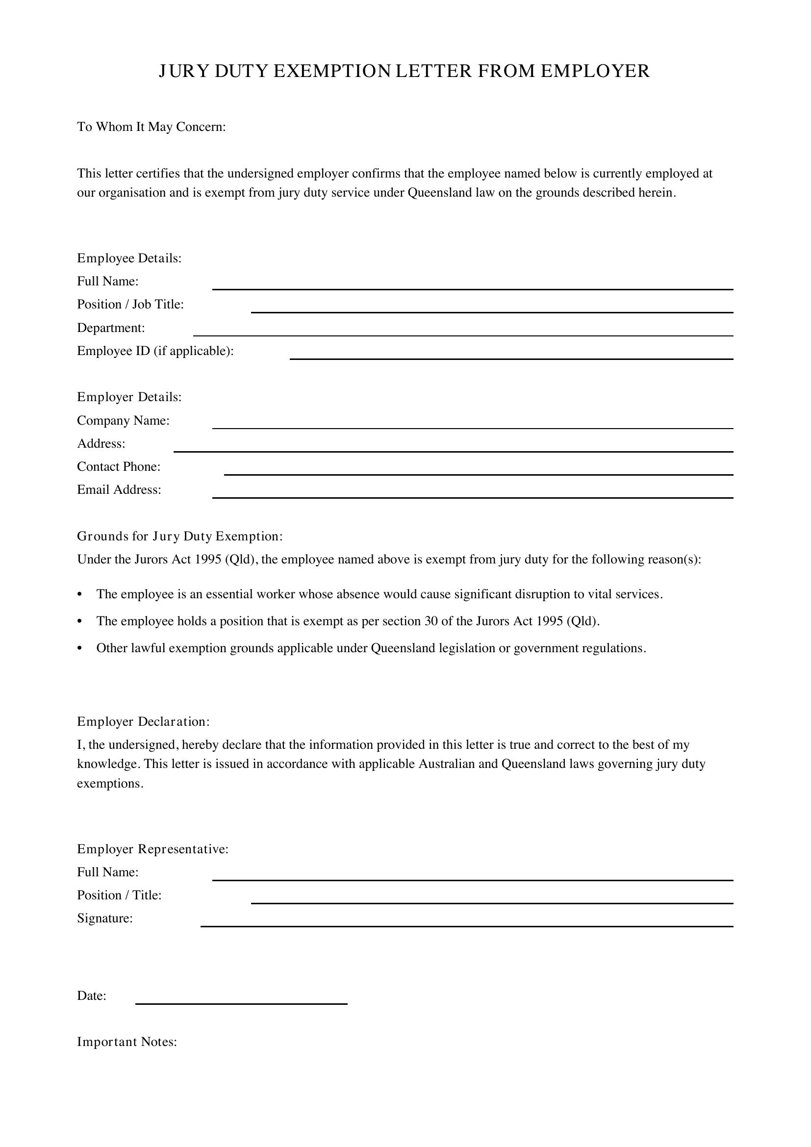 Jury Duty Exemption Letter From Employer Qld Template - Australia
