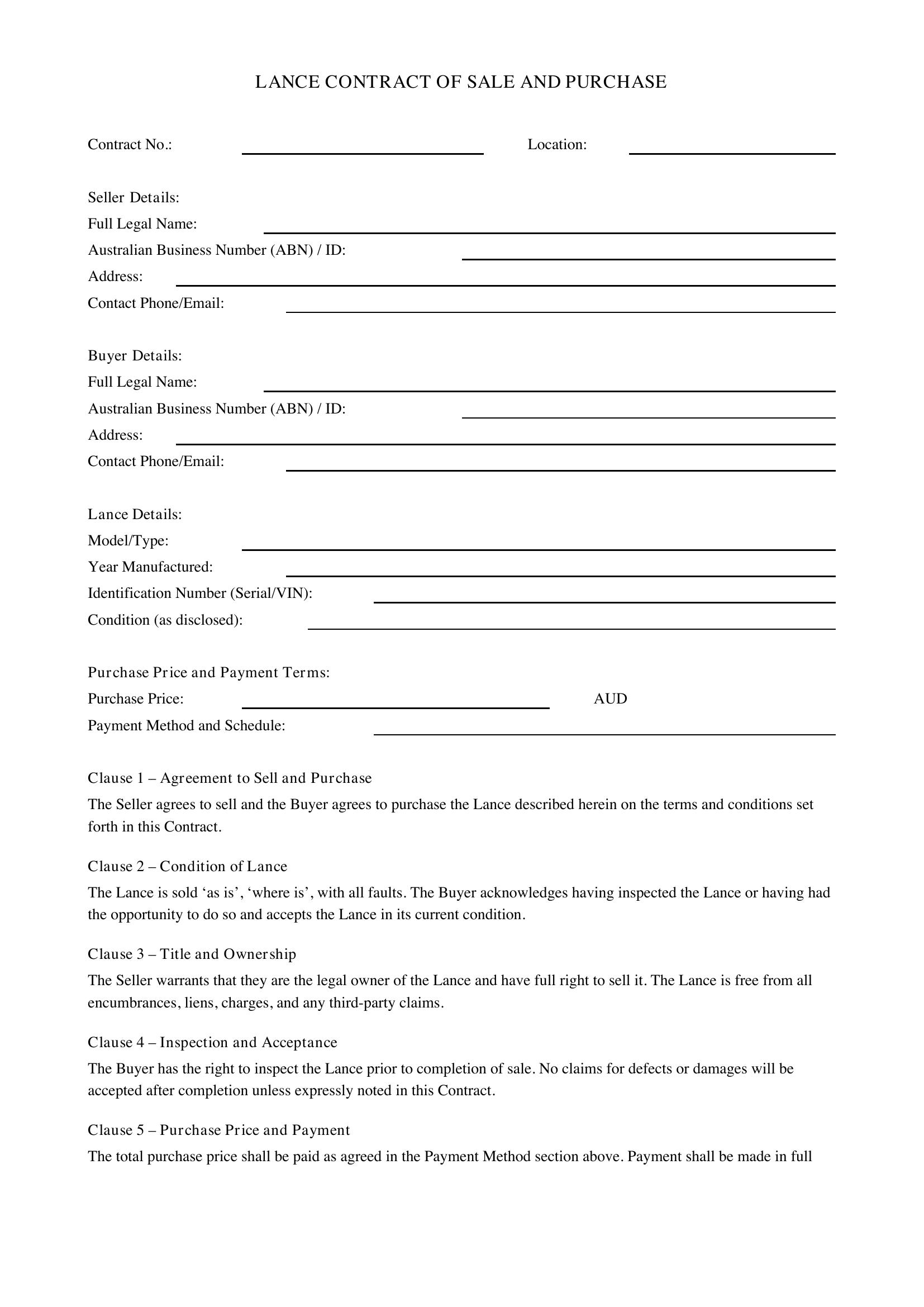 Lance Contract Template - Australia