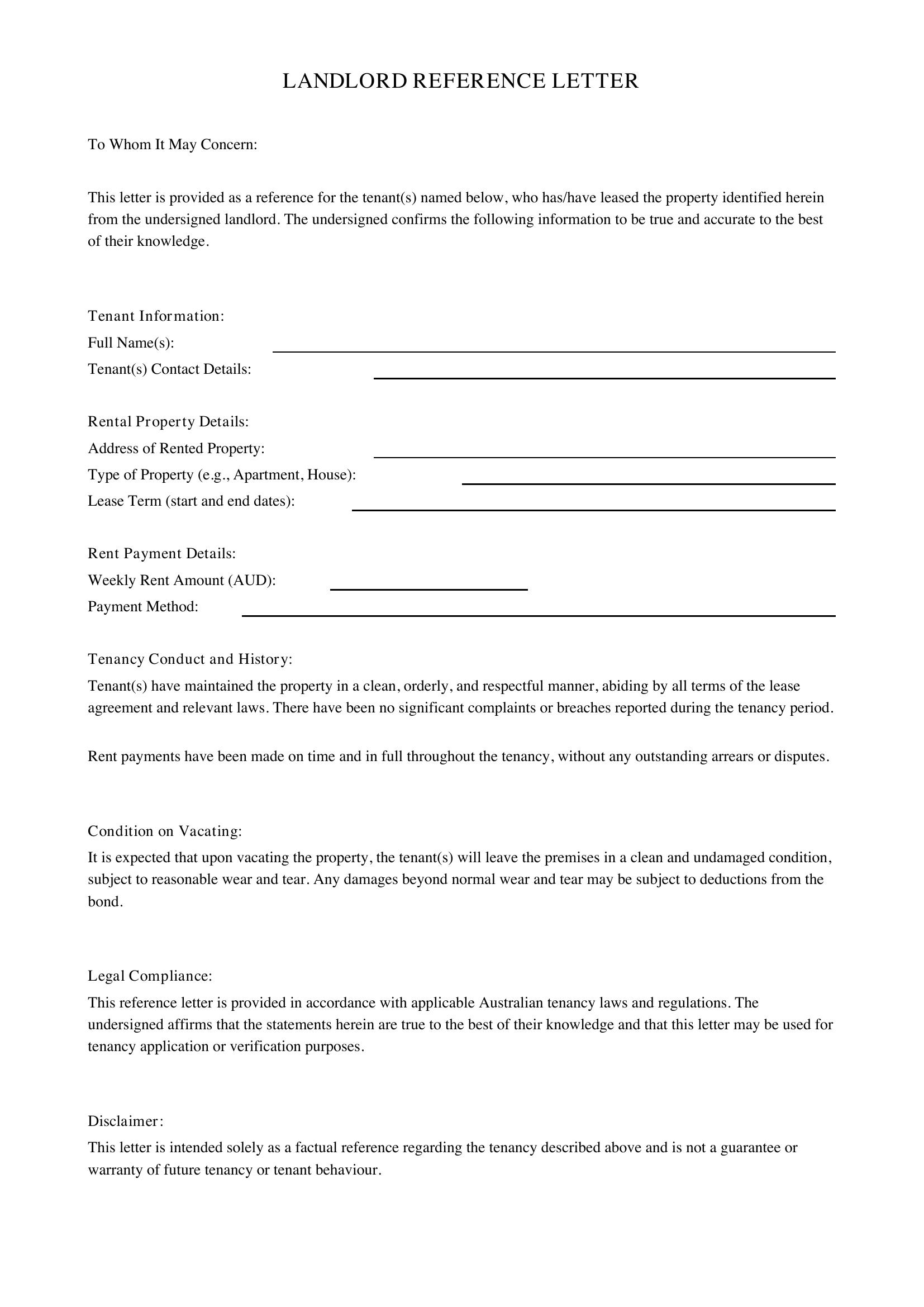 Landlord Reference Letter Template - Australia