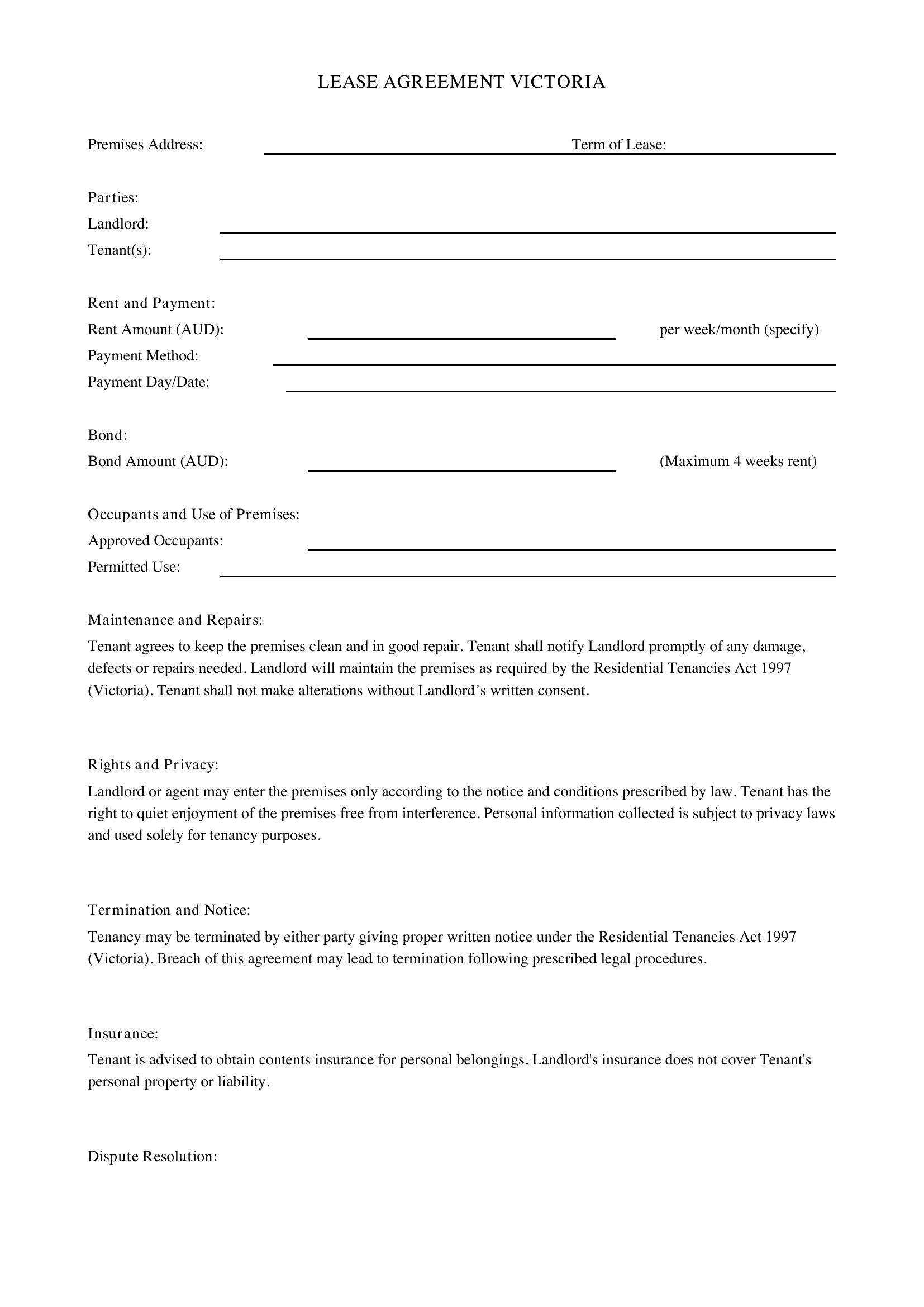 Lease Agreement Victoria Template - Australia