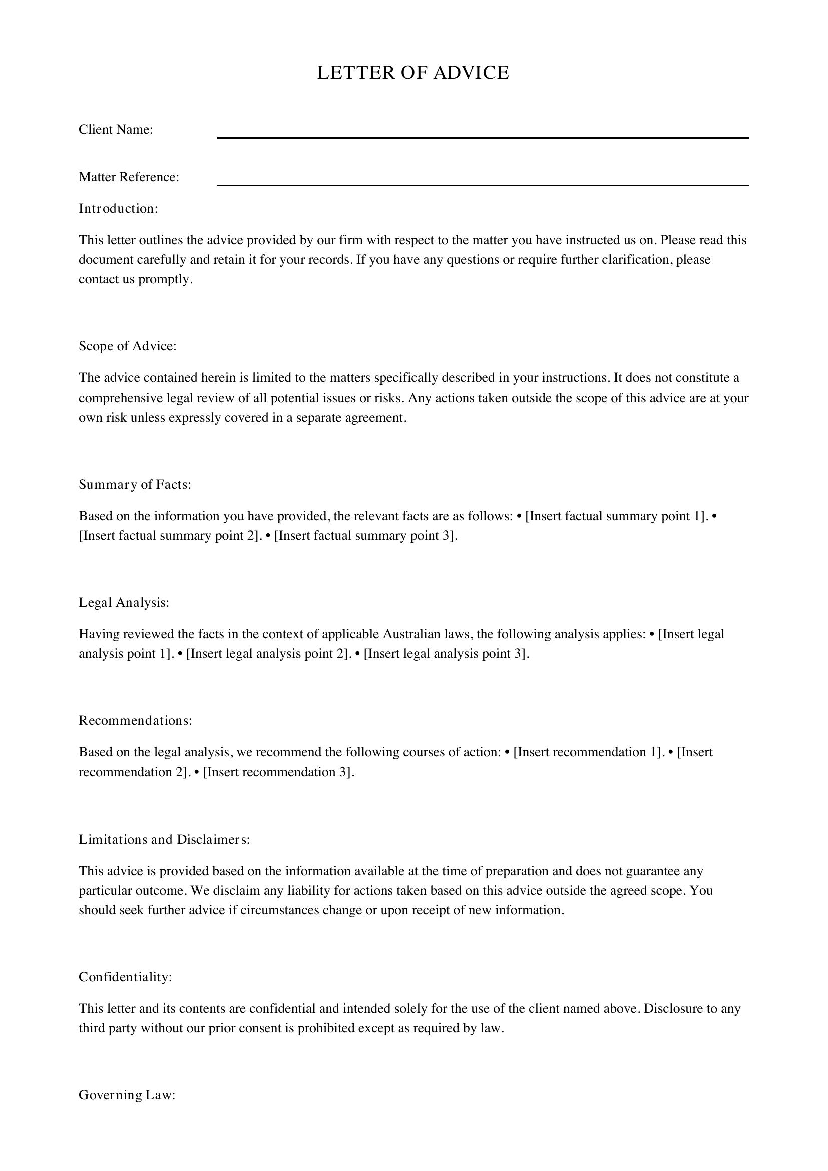 Letter Of Advice Template - Australia