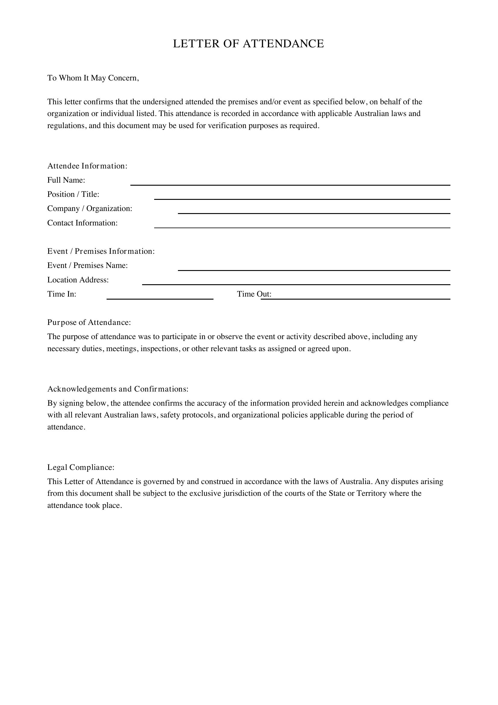 Letter Of Attendance Template - Australia