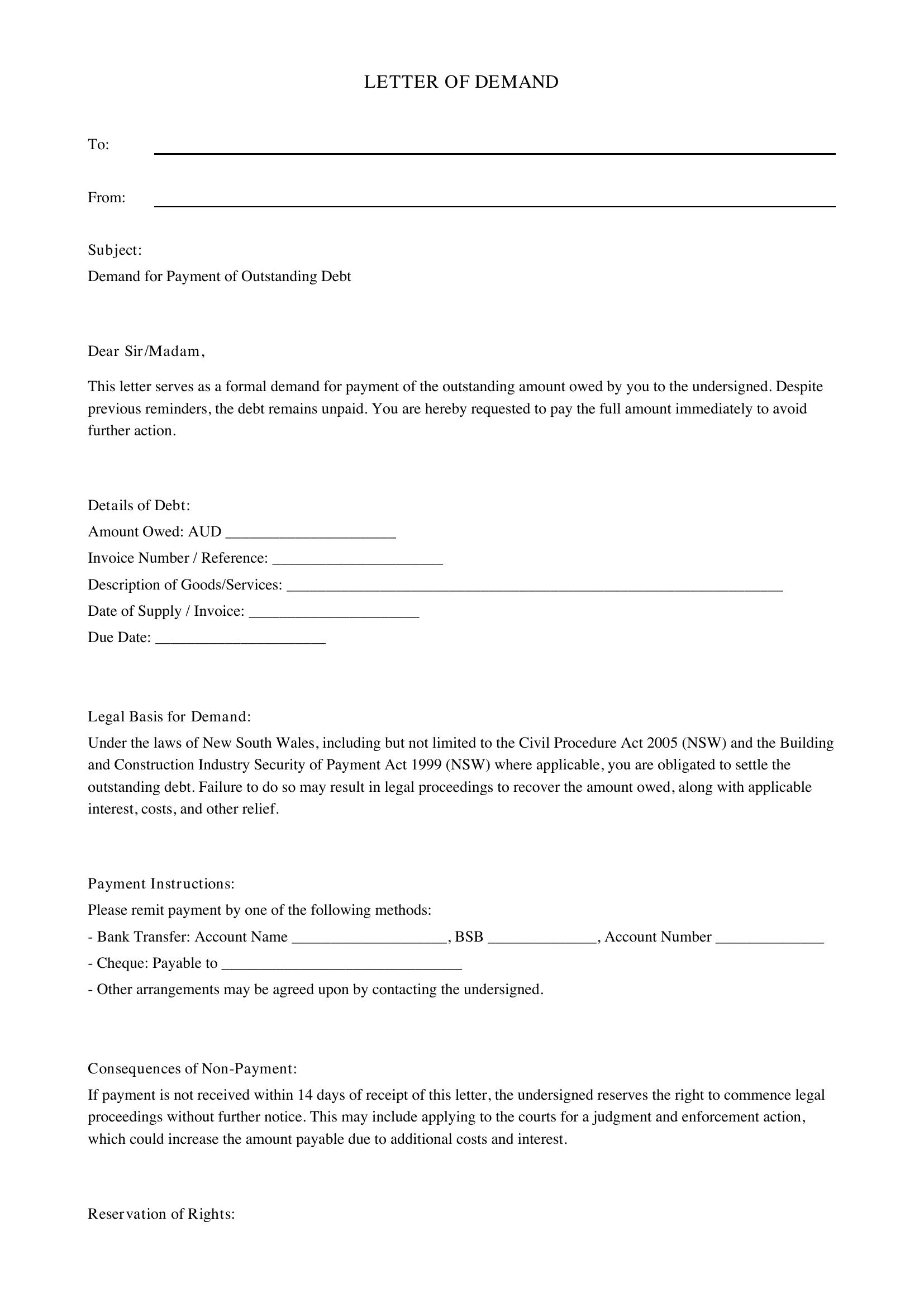 Letter Of Demand Nsw Template - Australia