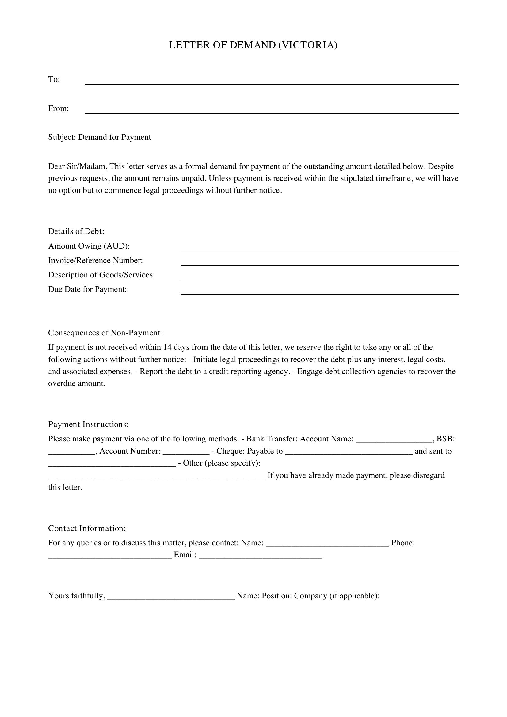 Letter Of Demand Victoria Template - Australia