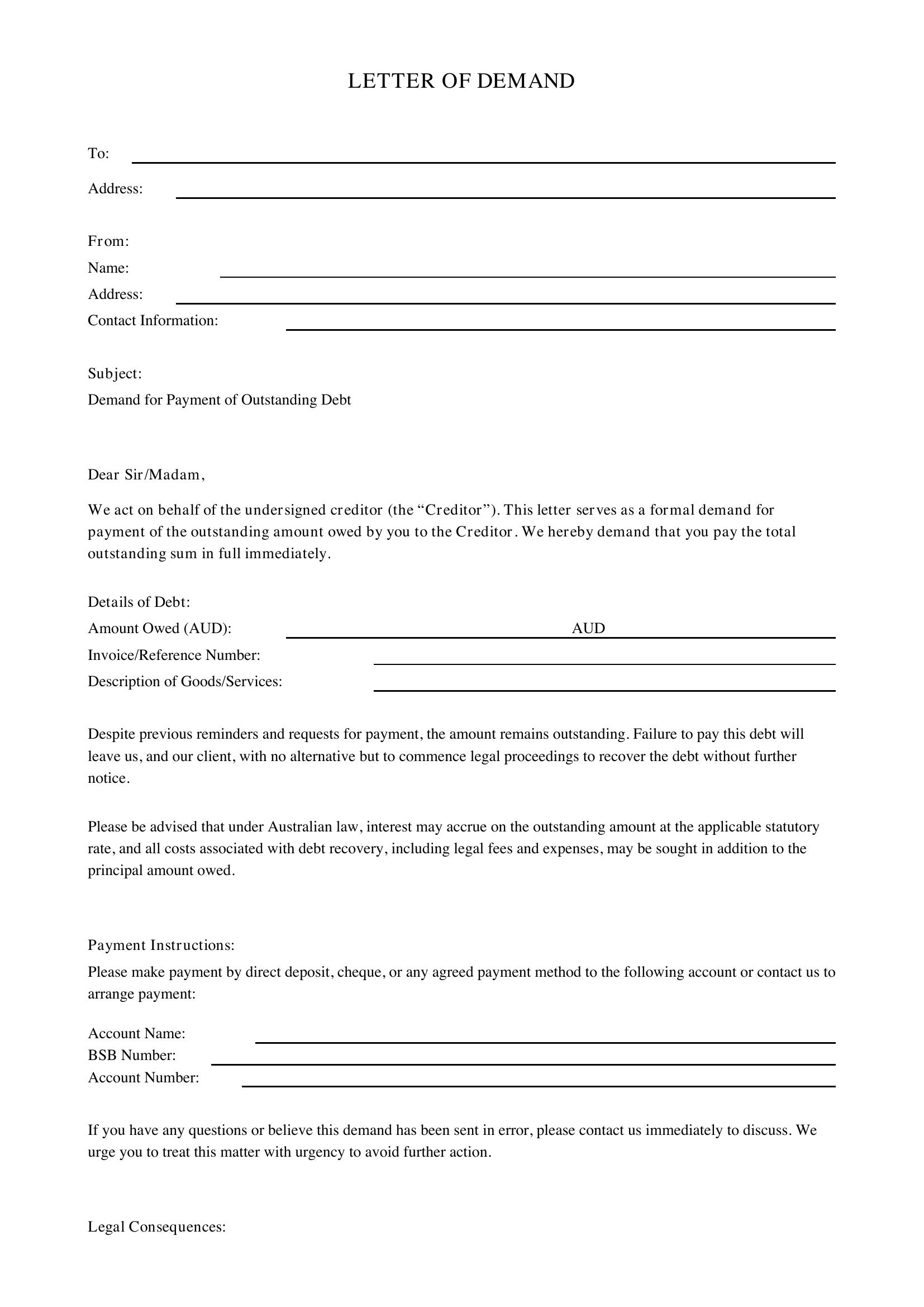 Letter Of Demand Template - Australia