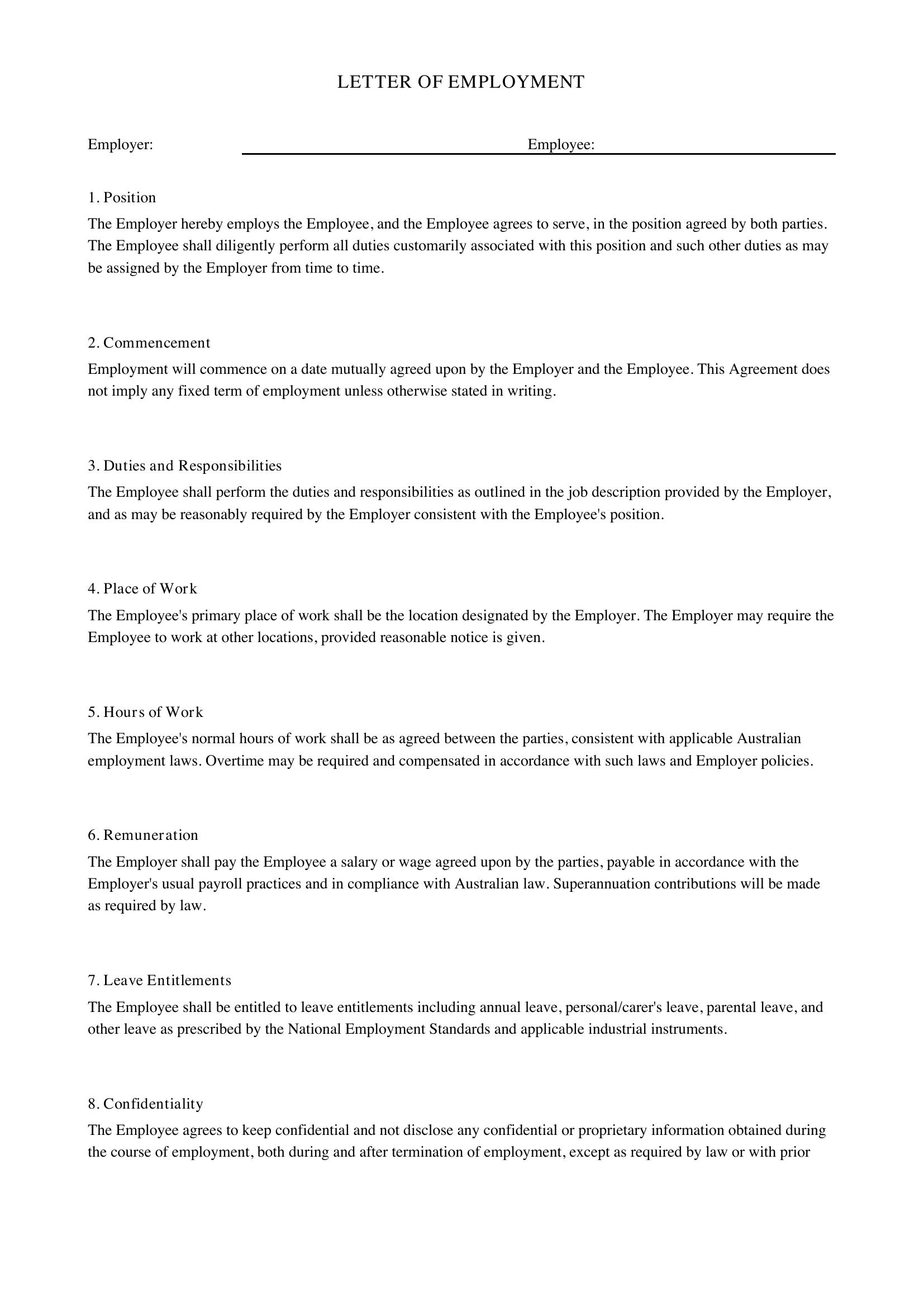 Letter Of Employment Template - Australia